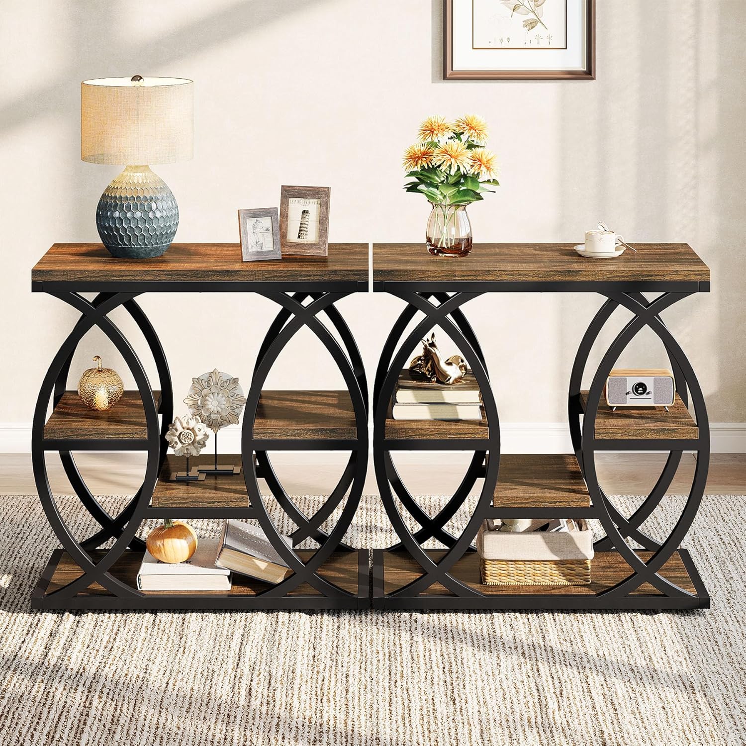 23.6" Rustic 4-Shelf End Table - Narrow Storage Side Table for Bedroom & Living Room