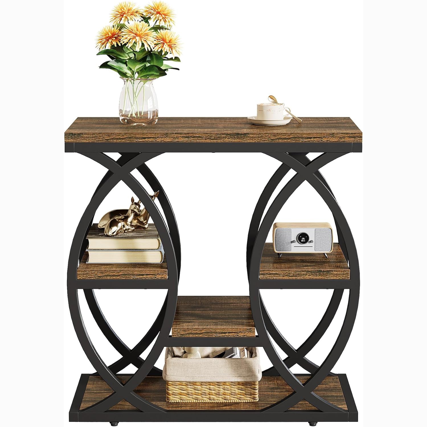23.6" Rustic 4-Shelf End Table - Narrow Storage Side Table for Bedroom & Living Room