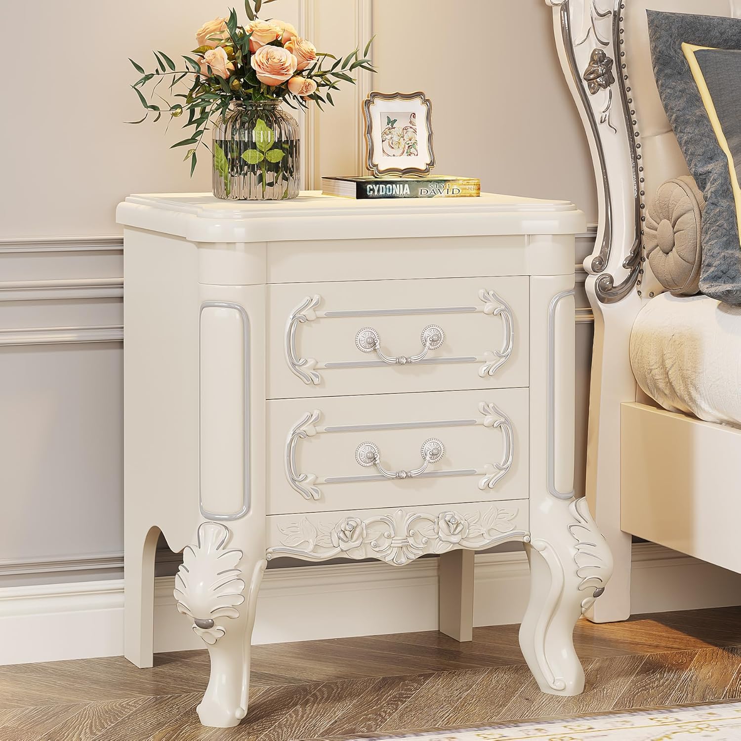 24" Classic 2-Drawer Nightstand, Bedside Table w/Carved Details