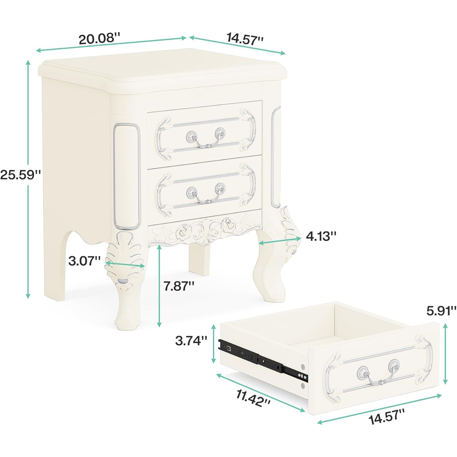24" Classic 2-Drawer Nightstand, Bedside Table w/Carved Details