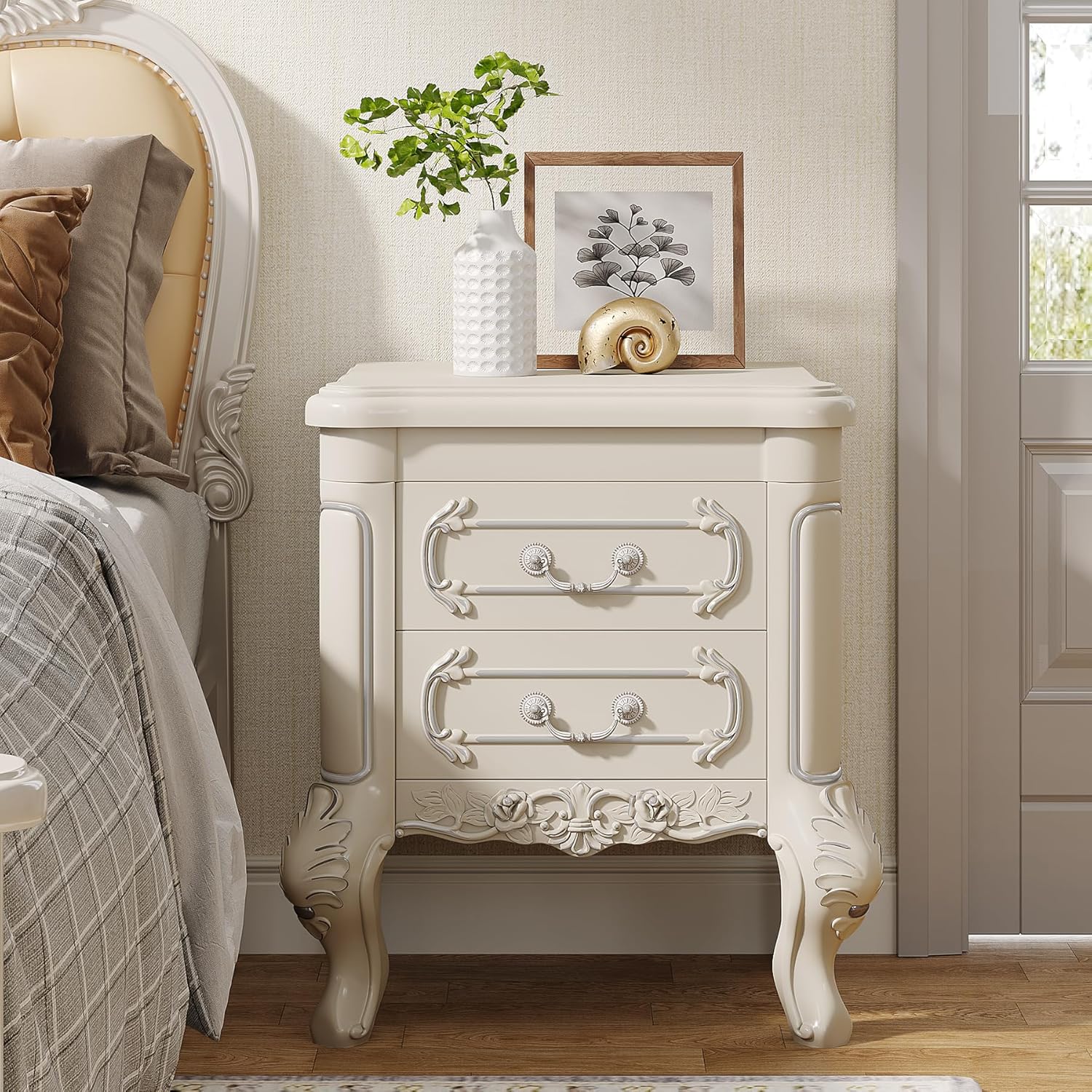 24" Classic 2-Drawer Nightstand, Bedside Table w/Carved Details
