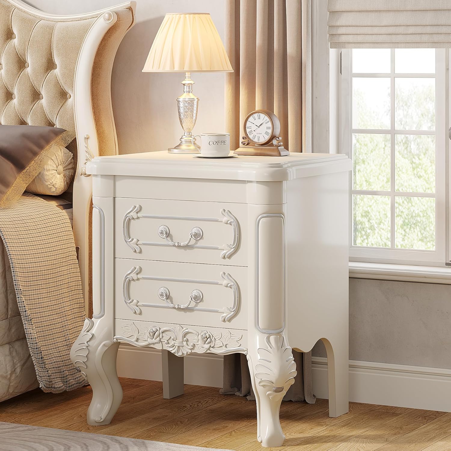 24" Classic 2-Drawer Nightstand, Bedside Table w/Carved Details