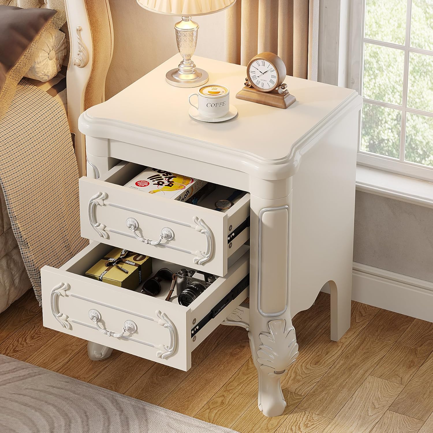 24" Classic 2-Drawer Nightstand, Bedside Table w/Carved Details
