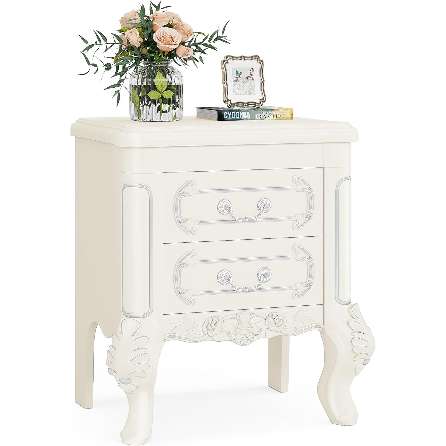24" Classic 2-Drawer Nightstand, Bedside Table w/Carved Details