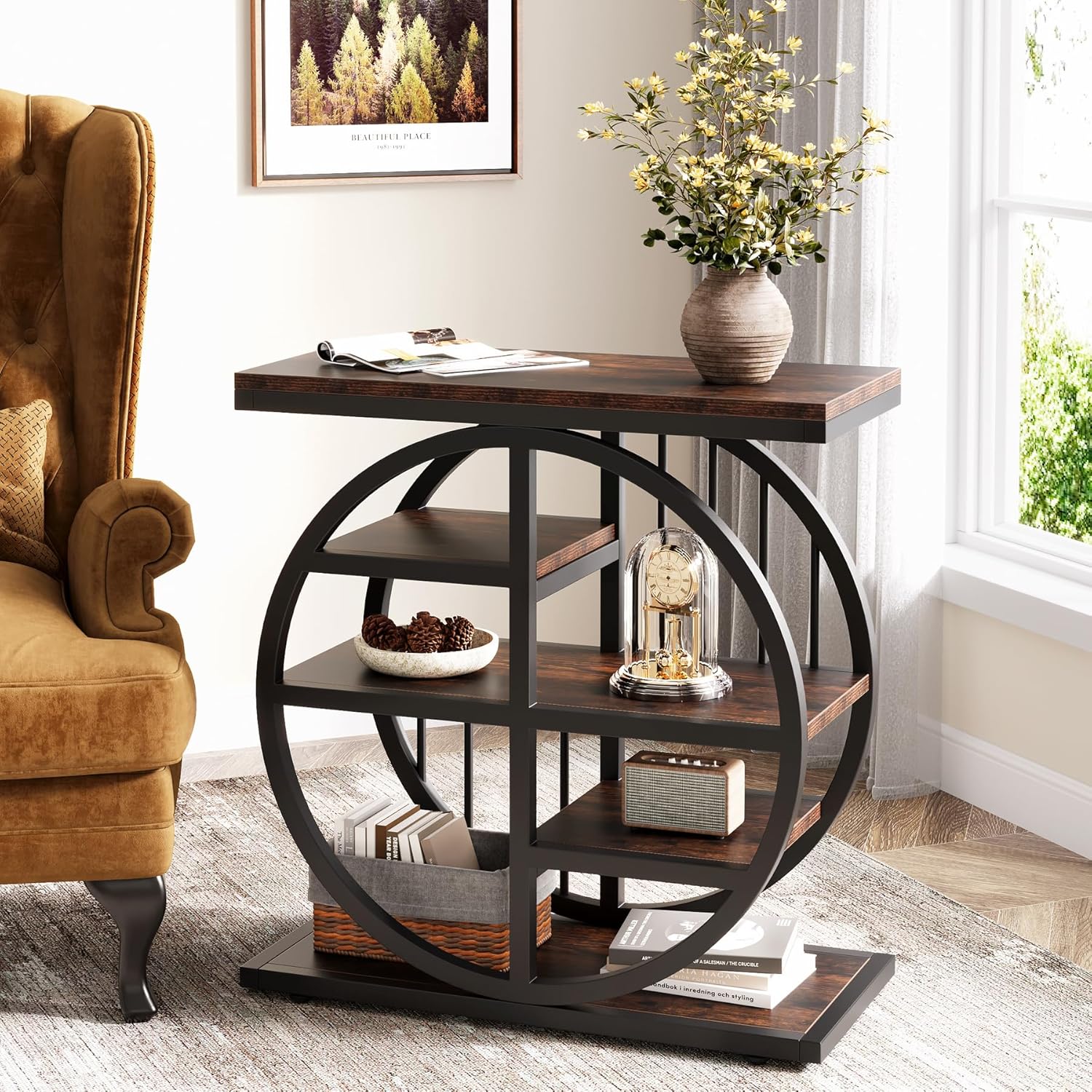 24" Industrial End Table - 5-Tier Narrow Side Table with Metal Frame