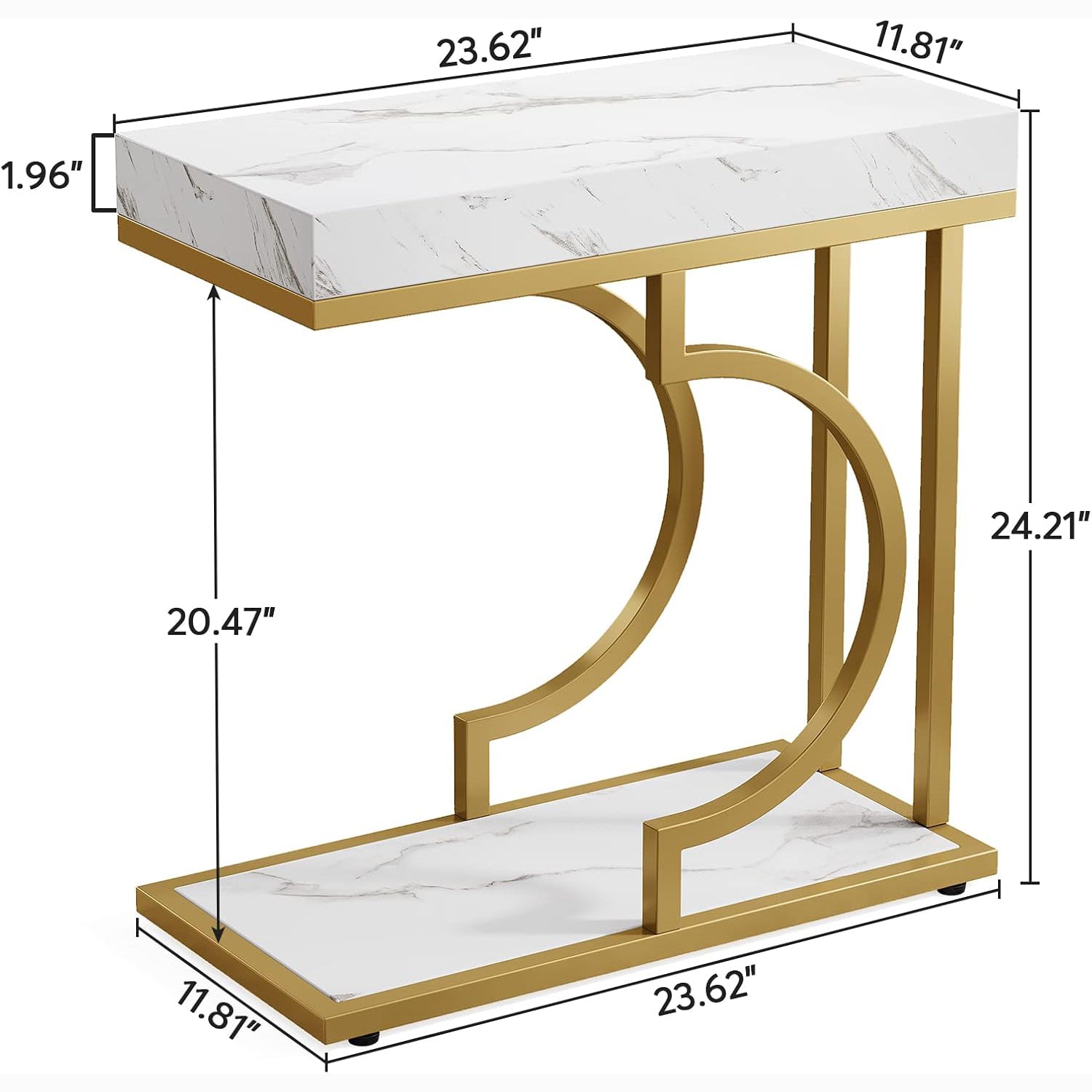 24" Modern C-Shaped Side Table - White & Gold Narrow End Table with Metal Frame