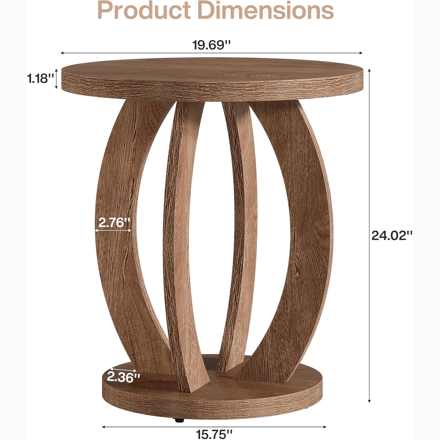 24" Round Farmhouse Nightstand - Bedside Table with Storage, Wood Base, Brown