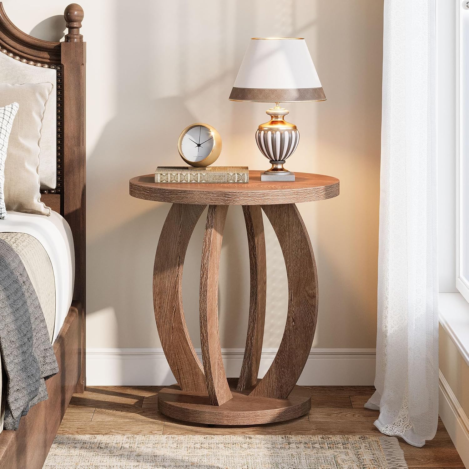 24" Round Farmhouse Nightstand - Bedside Table with Storage, Wood Base, Brown