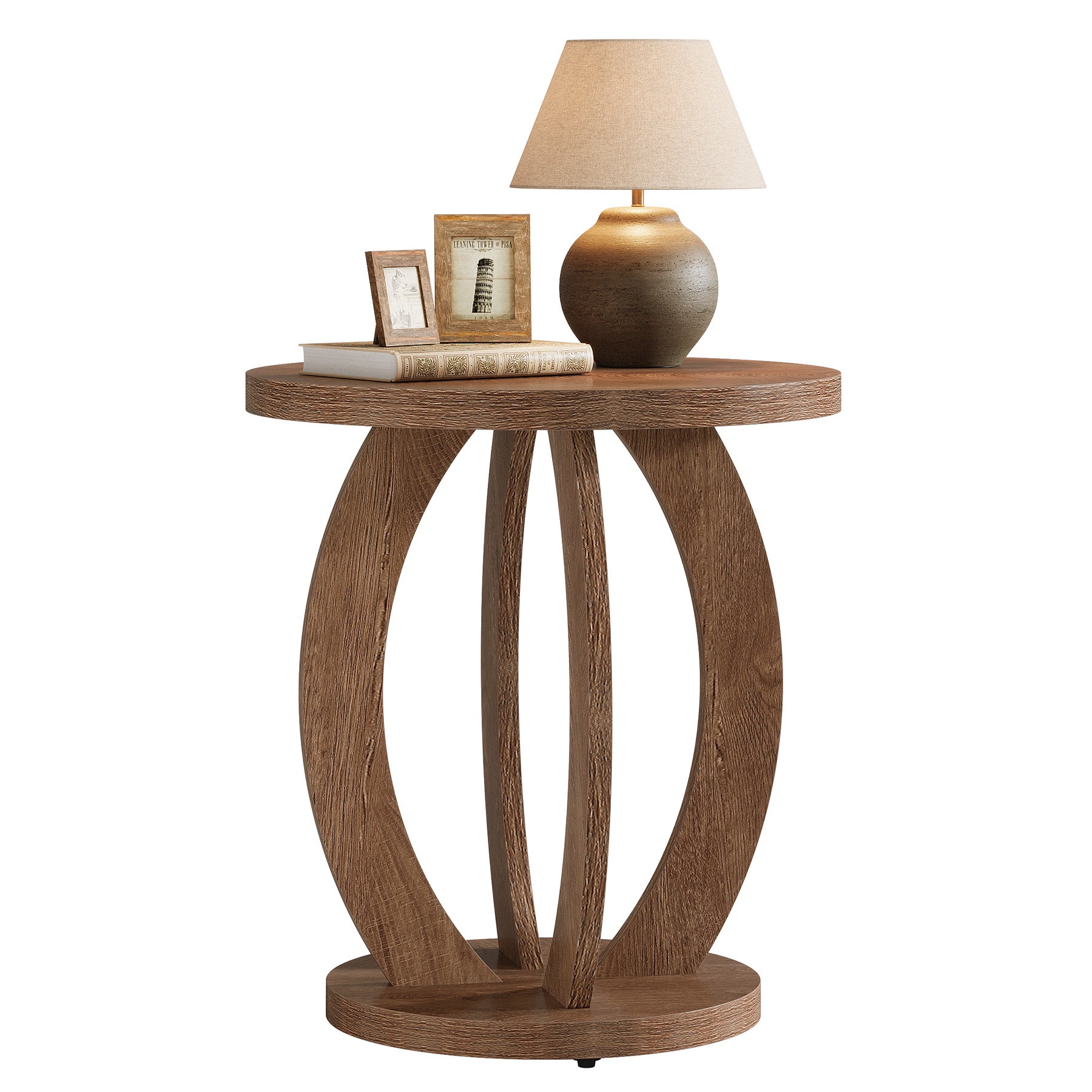 24" Round Farmhouse Nightstand - Bedside Table with Storage, Wood Base, Brown