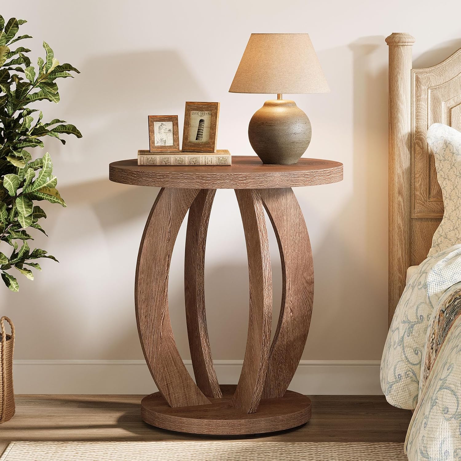 24" Round Farmhouse Nightstand - Bedside Table with Storage, Wood Base, Brown