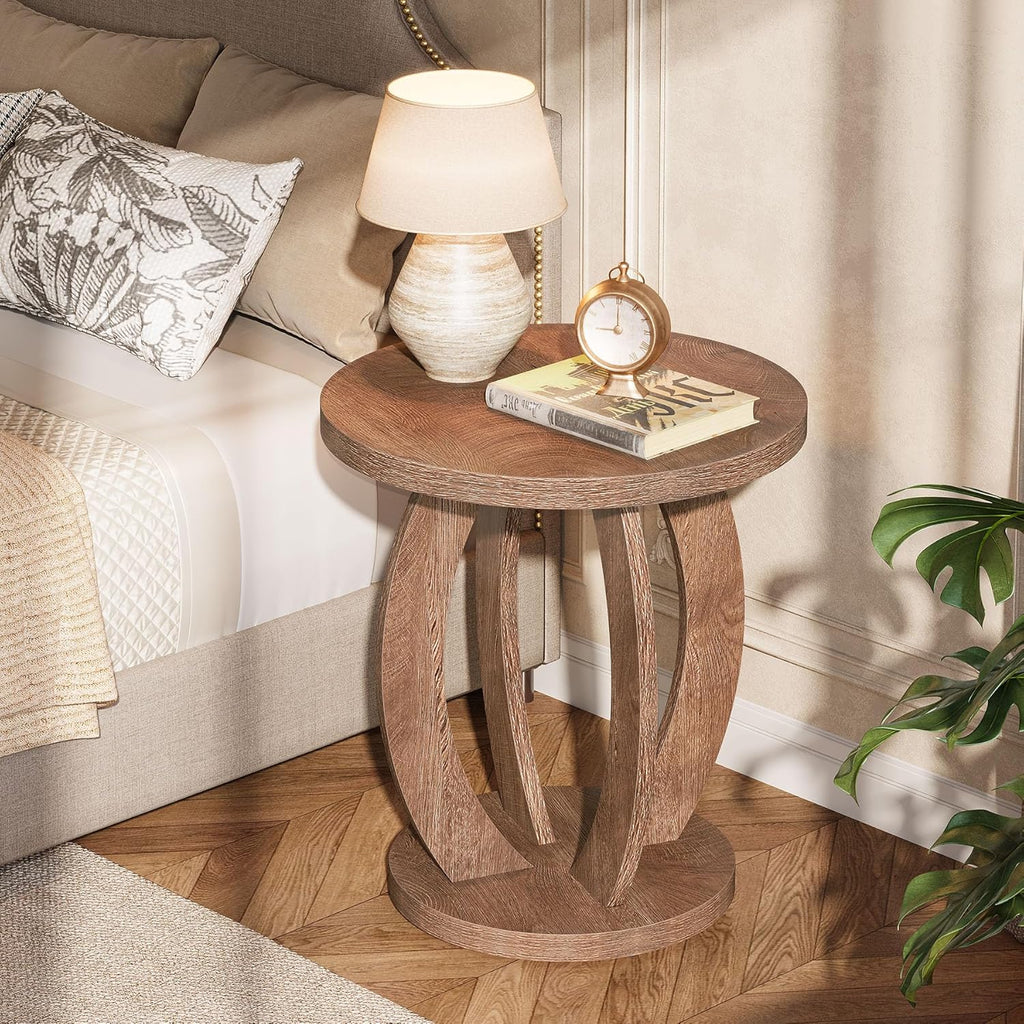 24" Round Farmhouse Nightstand Bedside Table Storage Wood Base