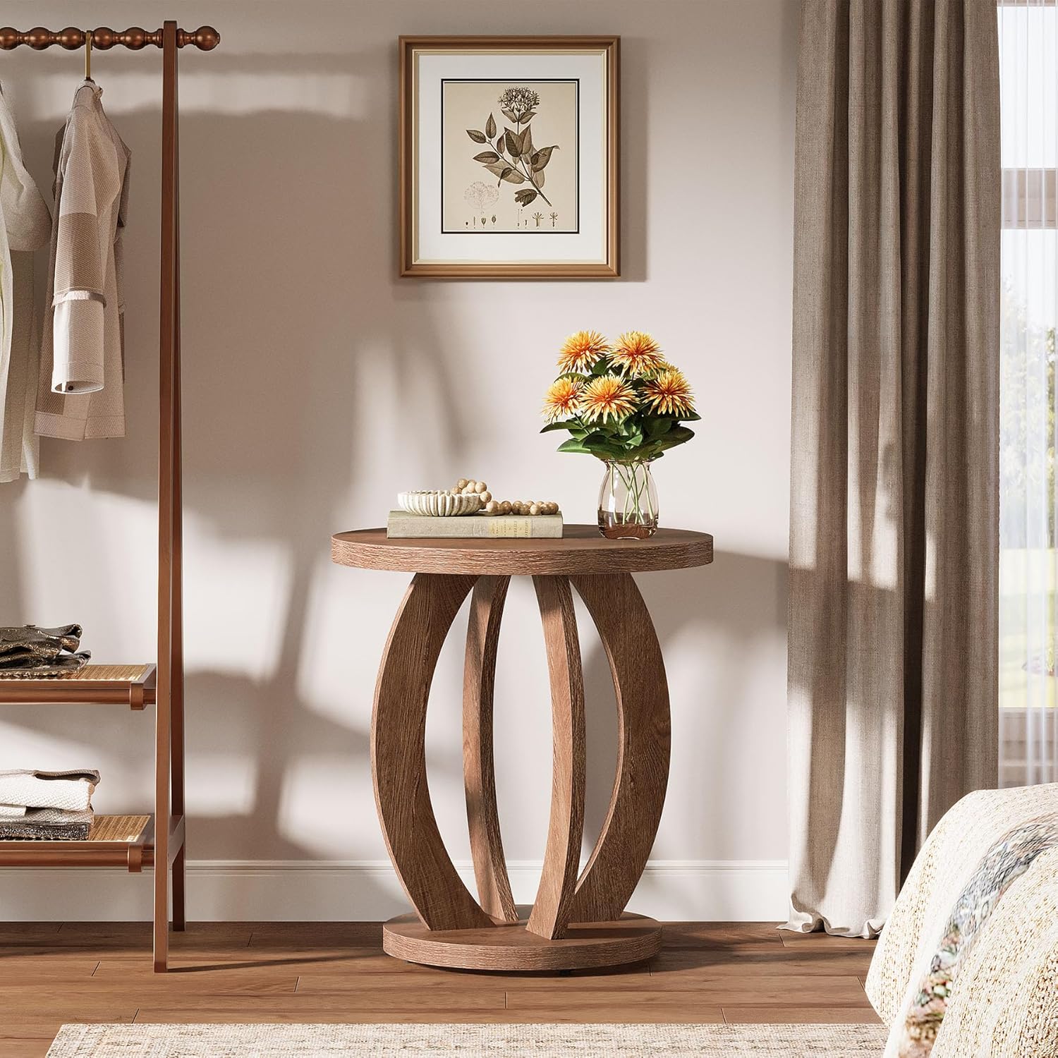 24" Round Farmhouse Nightstand - Bedside Table with Storage, Wood Base, Brown