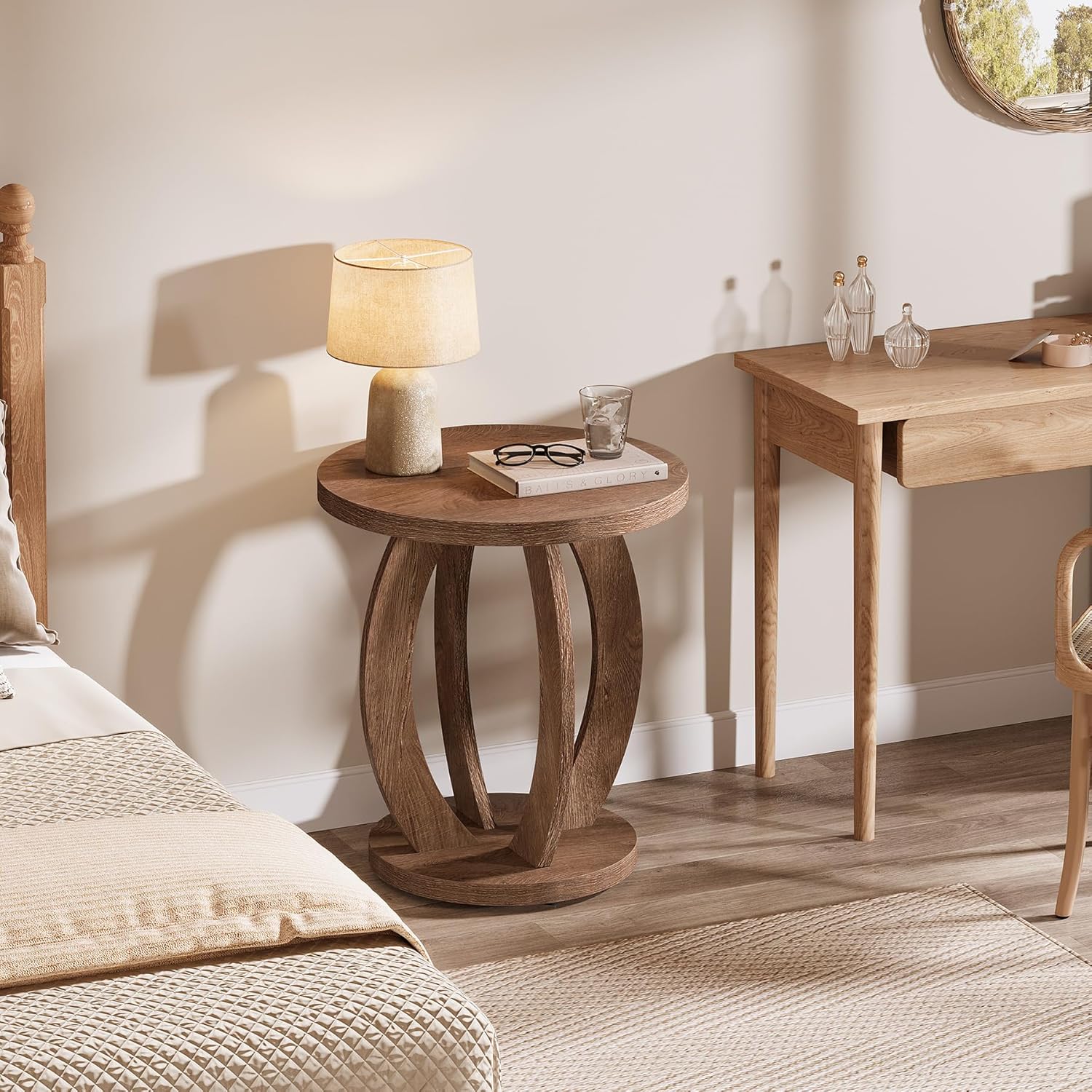 24" Round Farmhouse Nightstand - Bedside Table with Storage, Wood Base, Brown