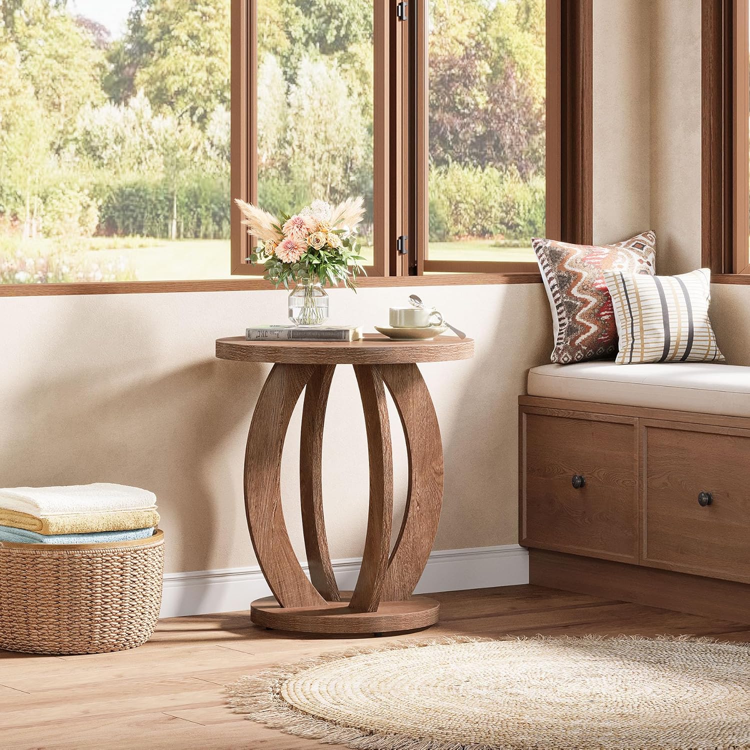 24" Round Farmhouse Nightstand - Bedside Table with Storage, Wood Base, Brown