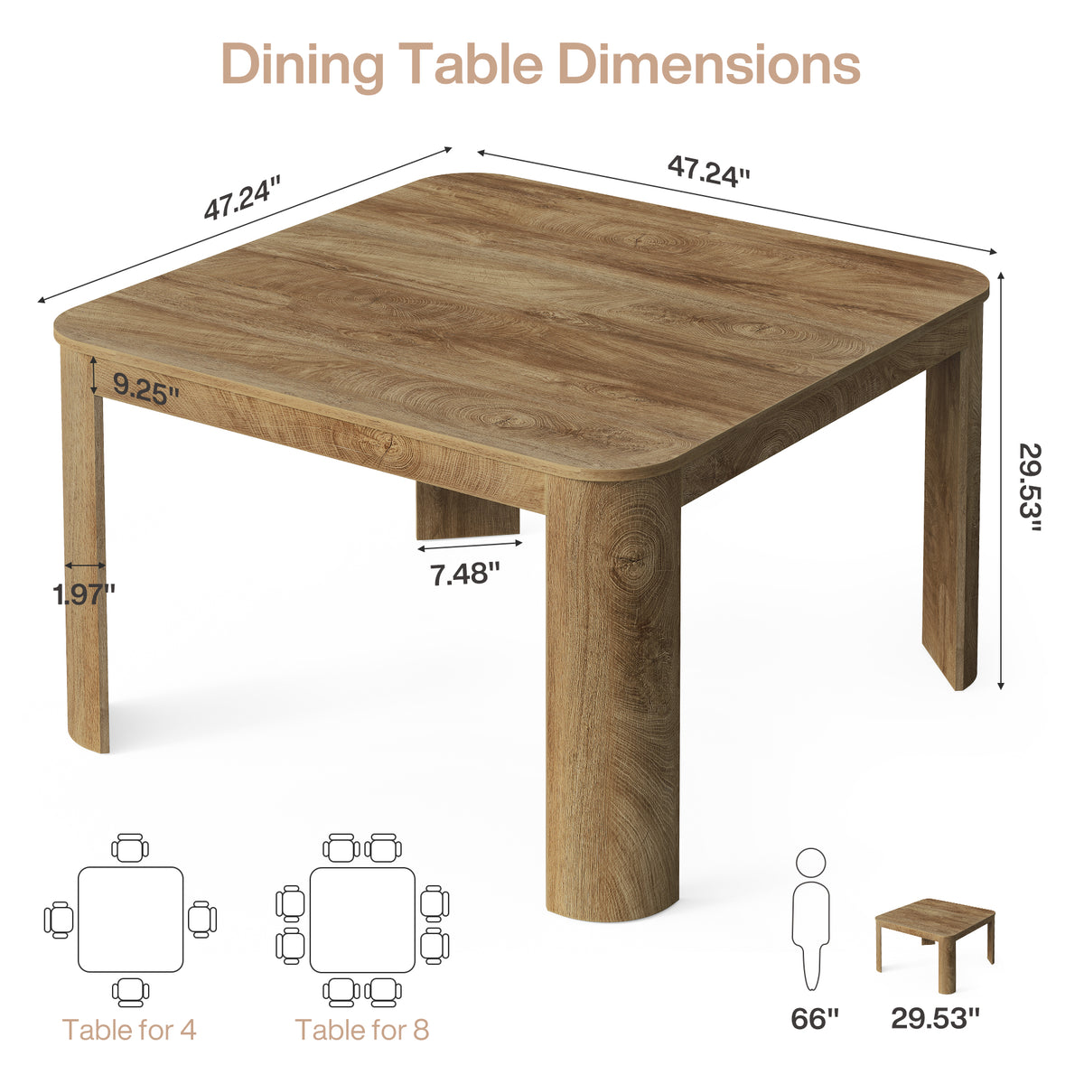 47.2 Inch Square Dining Table for 4, Modern Kitchen Table with Rounded Corners for Small Spaces