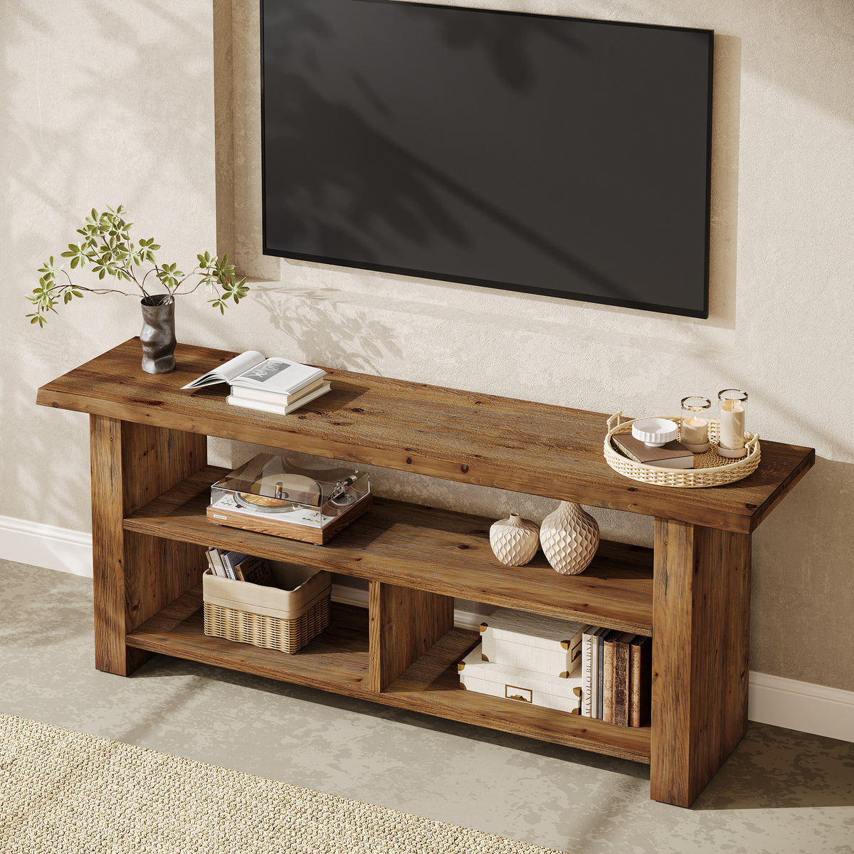 Tribesigns 63 Inch Solid Wood TV Stand with Open Storage, Farmhouse Media Console for Living Room