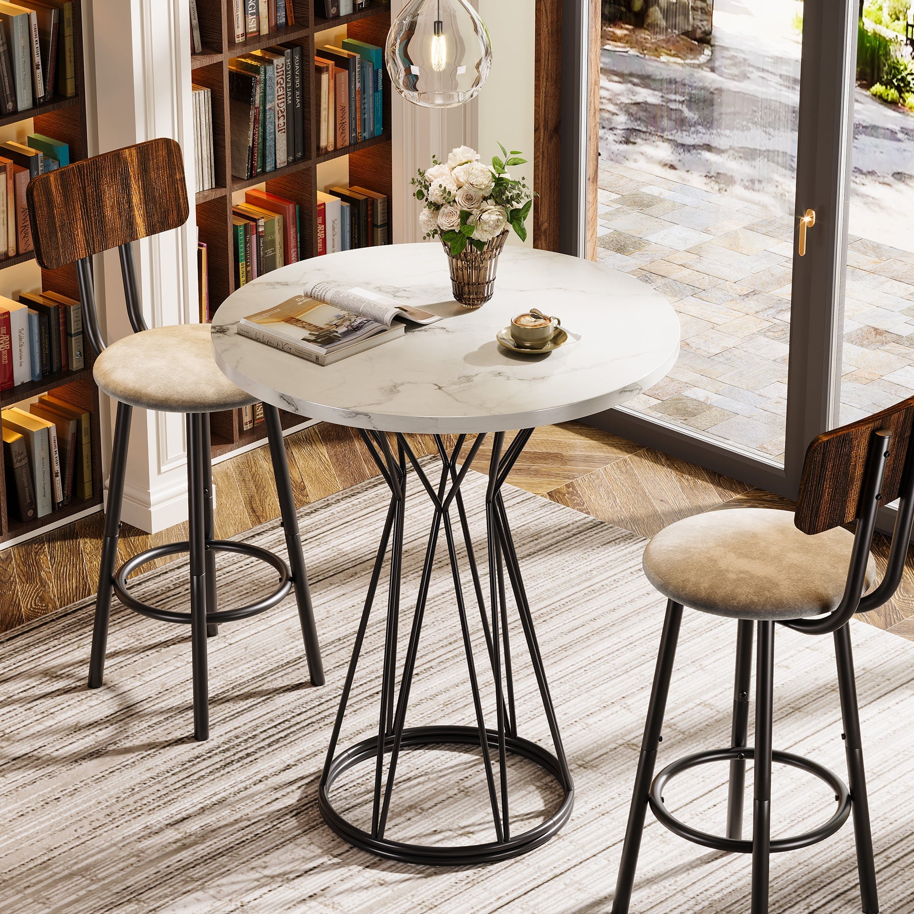 35.4-Inch Round Bar Table, Modern Faux Marble Bistro Pub Table
