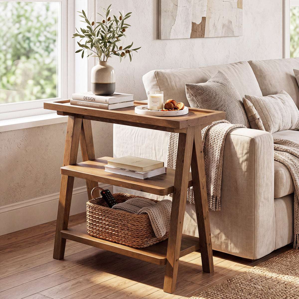 Tribesigns 25.59 Inch Solid Wood Side Table with 3-Tier Storage, Narrow End Table for Living Room