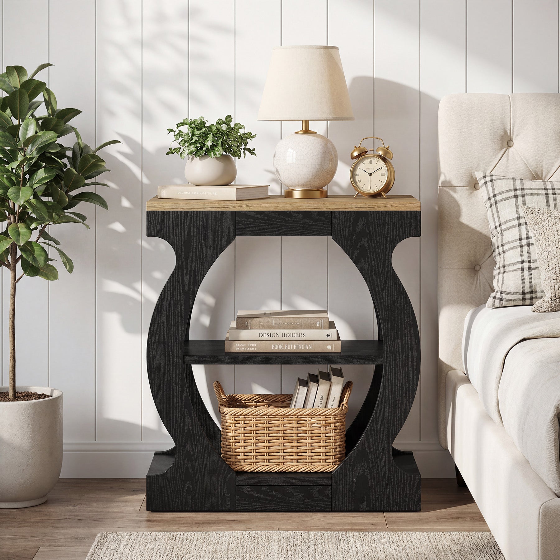 23.6 Inch Nightstand with 3-Tier Storage, Modern Narrow Bedside Table with Curved Frame for Bedroom