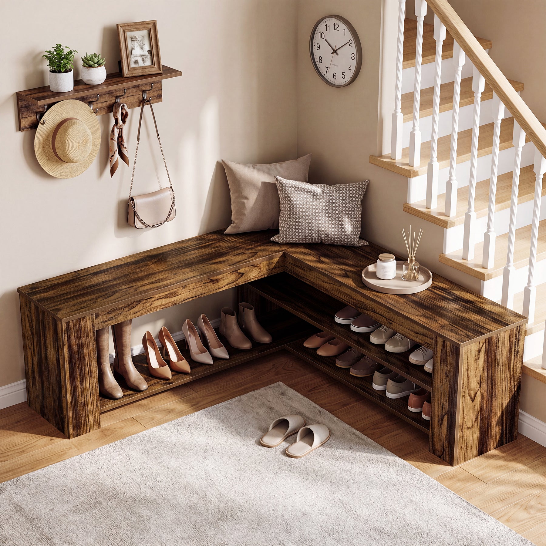 47.24 Inch L Shaped Storage Bench, Corner Entryway Shoe Bench with 2 Tier Rack for Home Foyer