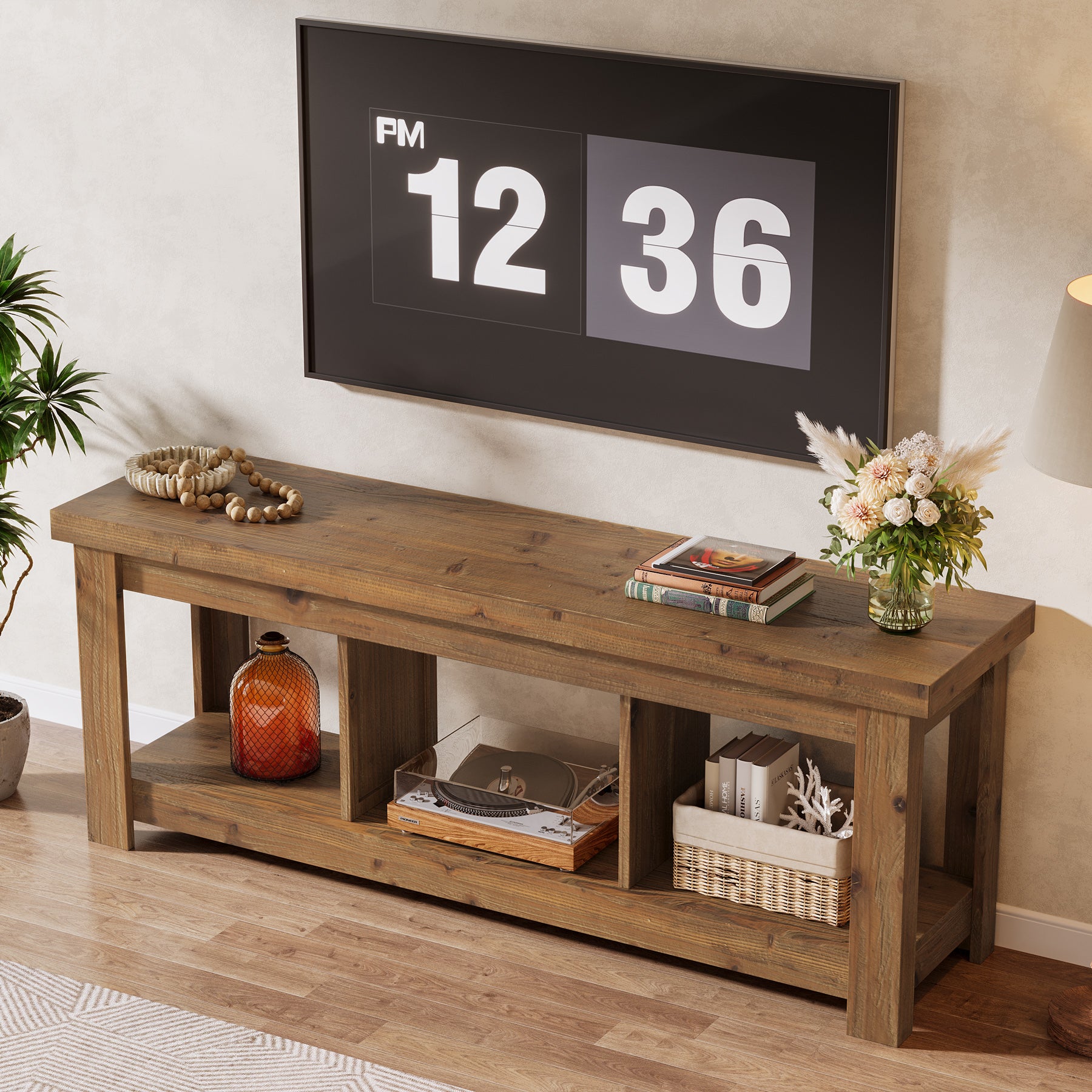 Tribesigns 63-Inch Solid Wood TV Stand with 3 Open Storage Shelves, Farmhouse Entertainment Center for TVs up to 75 Inches
