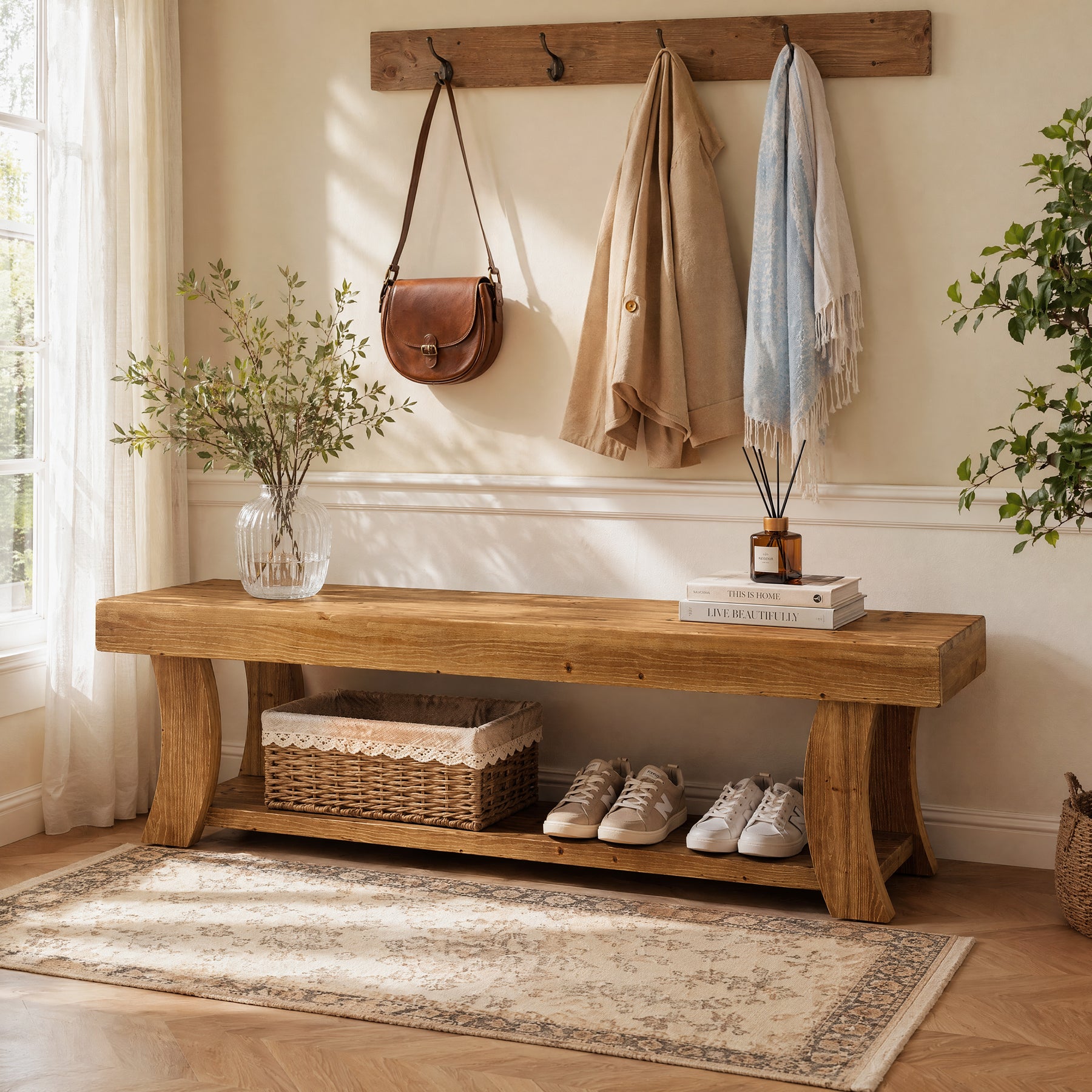 63-Inch Solid Fir Wood Storage Bench with Curved Legs, Farmhouse Bench for Hallway