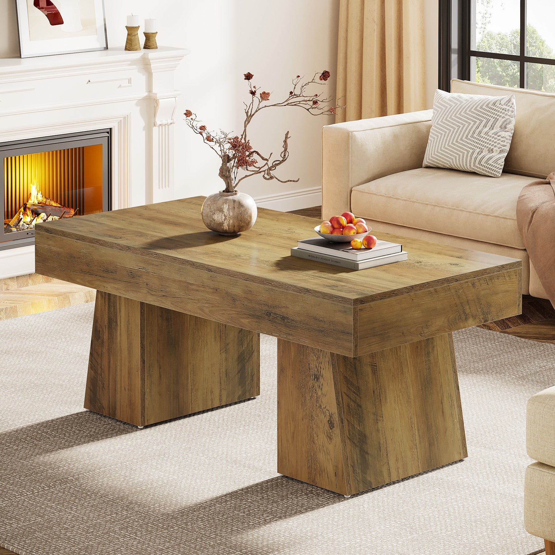 47-Inch Farmhouse Rectangular Coffee Table, Wooden Center Table with Thick Sculptural Base