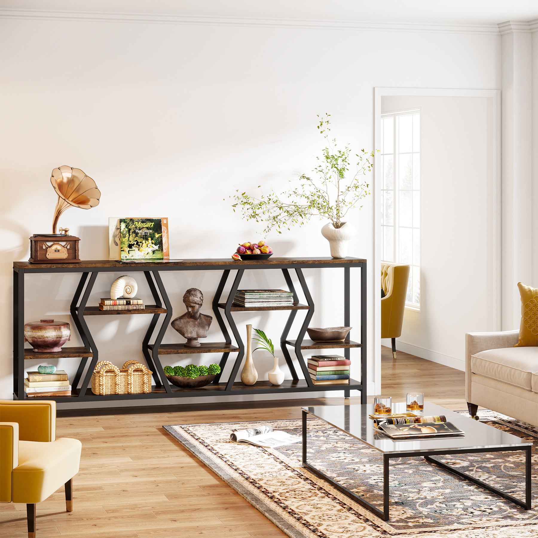 70.9-Inch Extra Long Sofa Console Table with 4-Tier Wood Storage Shelves, Industrial Narrow Entryway Table for Hallway
