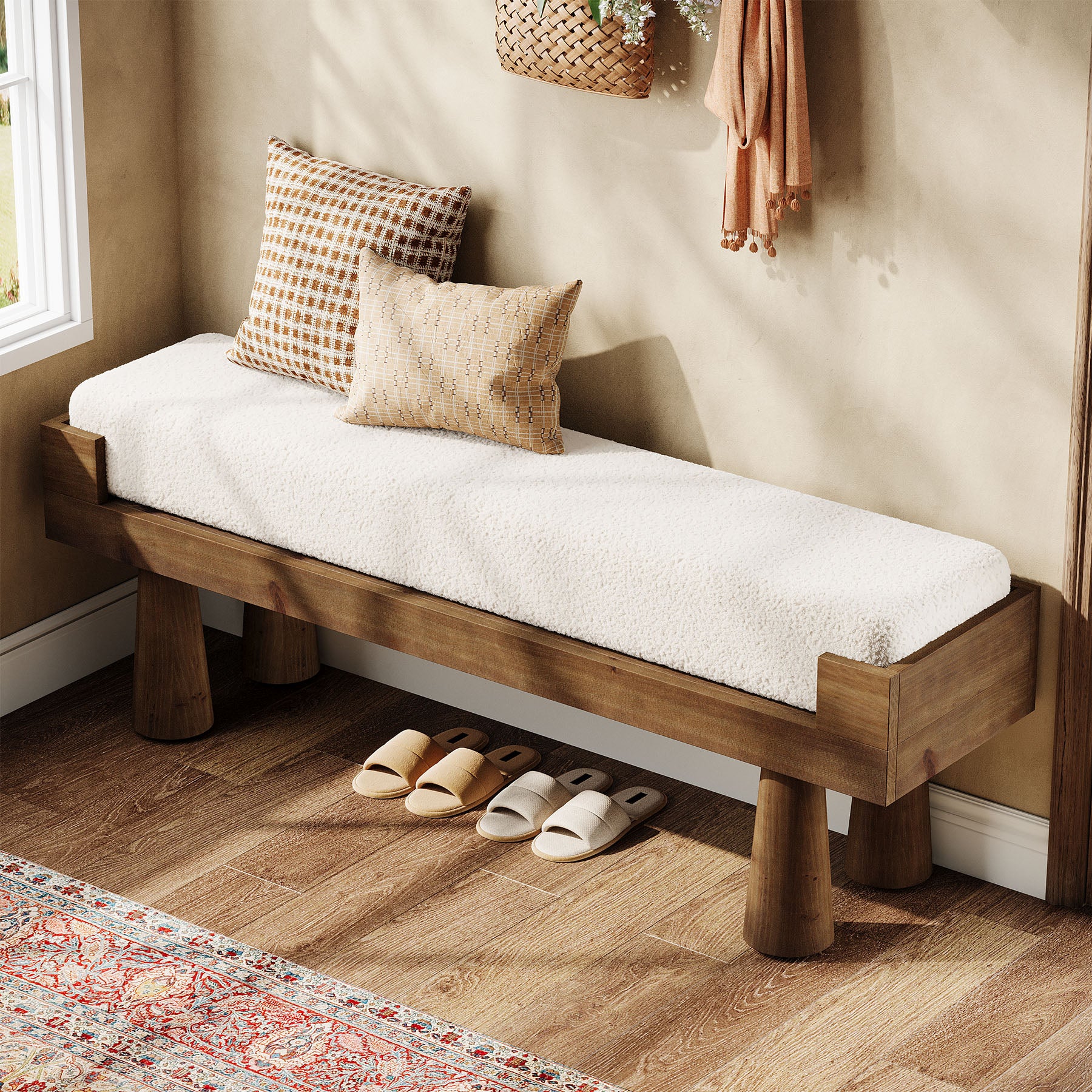 Tribesigns Upholstered Entryway Bench with Solid Wood Legs, Mid-Century Shoe Bench for Bedroom and Living Room