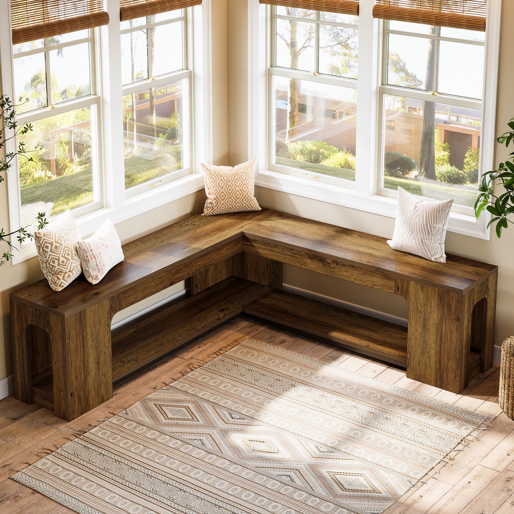 47.24-Inch L Shaped Corner Bench with Removable Seat Cushion and 2-Tier Storage, Farmhouse Breakfast Nook Bench