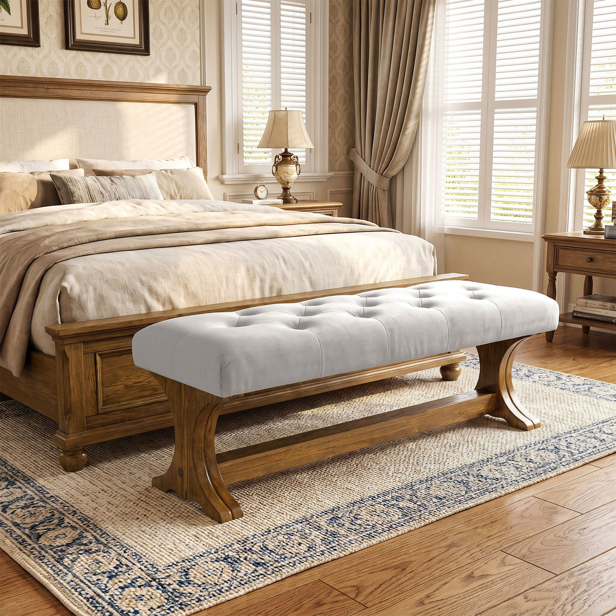Tribesigns 55 Inch Upholstered End of Bed Bench with Tufted Cushion, Farmhouse Storage Bench for Bedroom and Living Room
