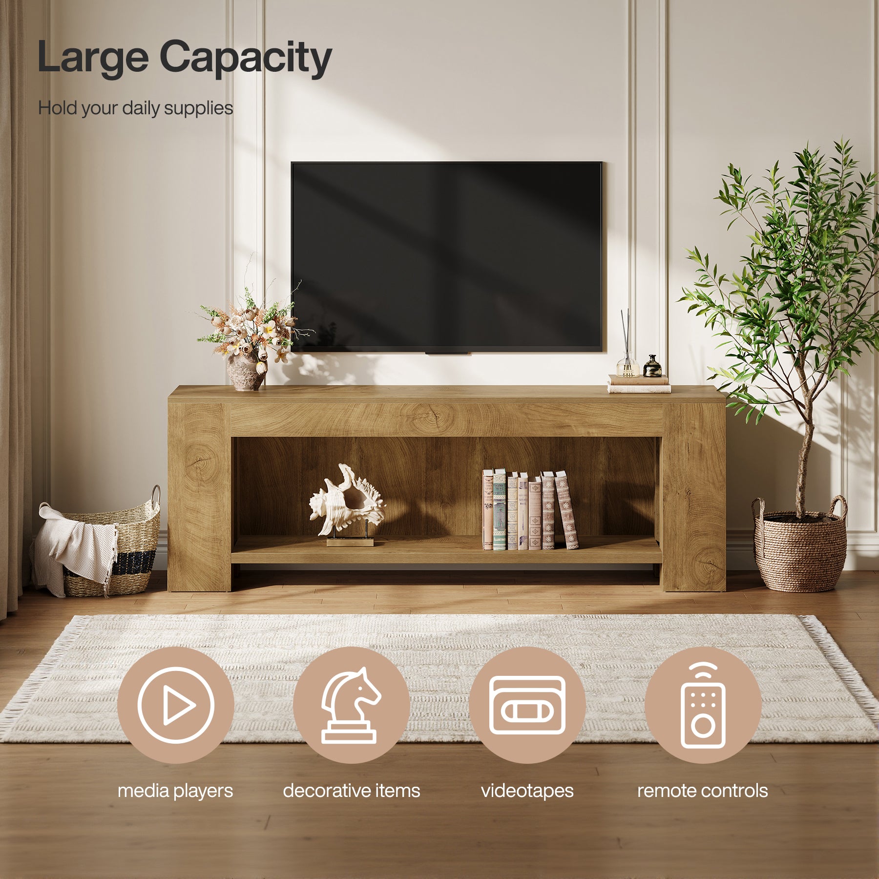 63-Inch TV Stand for 55 to 75-Inch TVs with Open Storage Shelves, Rustic Media Console Table for Living Room