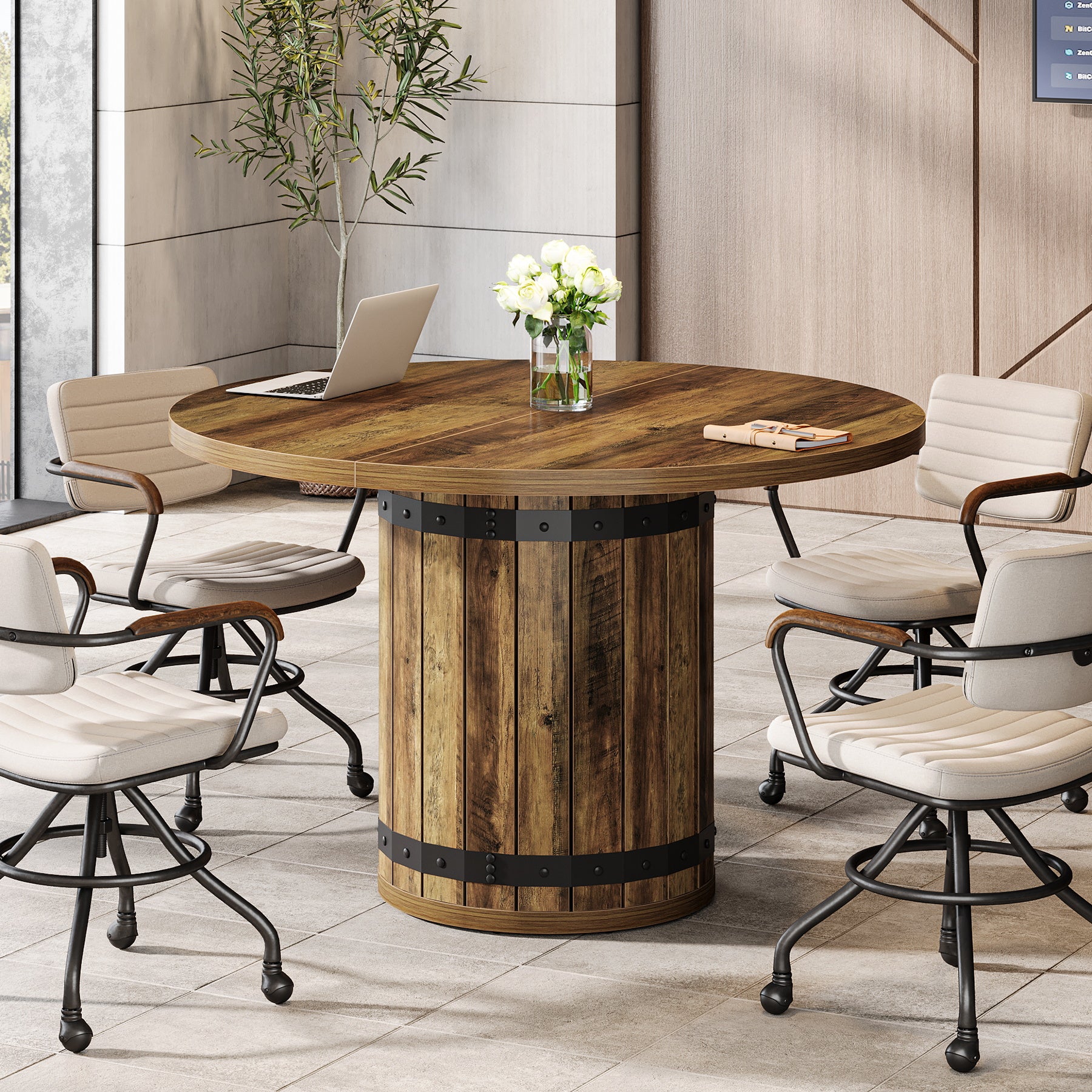 Tribesigns 39.37-Inch Round Conference Table, Fence Base Meeting Table