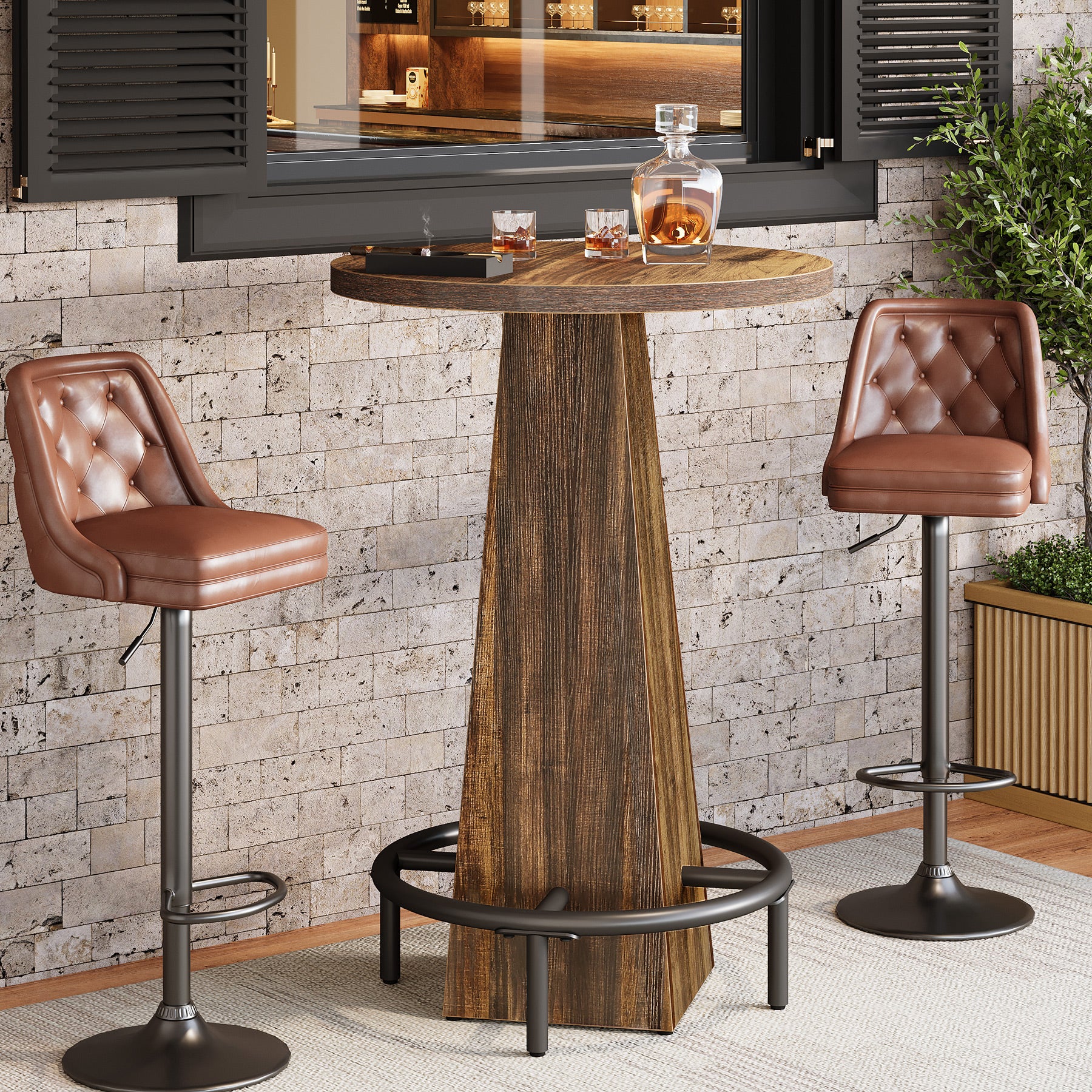 Tribesigns 37.4-Inch High Round Bar Table with Metal Footrest, Rustic Pub Table for Small Bars and Kitchen