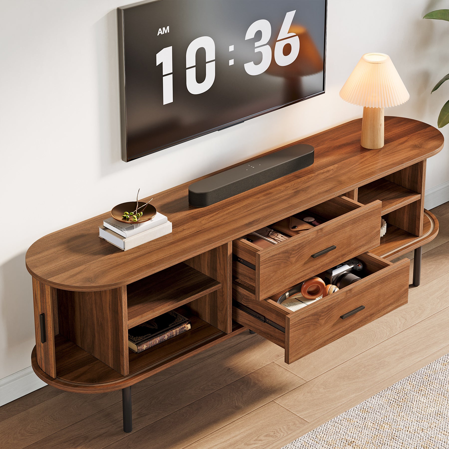 70-Inch TV Stand with Sliding Tambour Door, Mid-Century Media Console for 75-Inch TVs