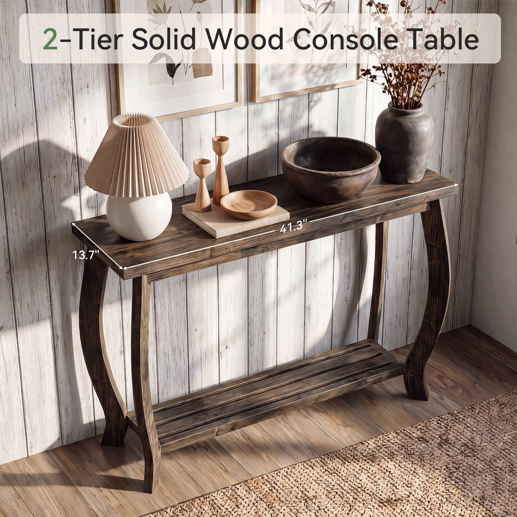 41.3 Inch Solid Wood Console Table with Curved Legs, Farmhouse Entryway Table with Shelf