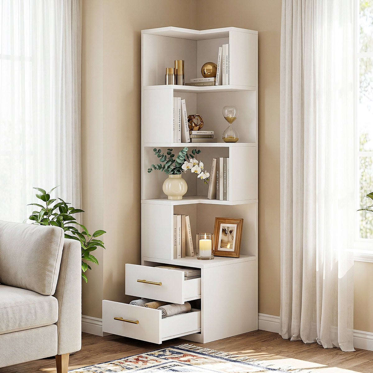 Tribesigns 66.9-Inch Corner Bookshelf with 2 Drawers, 5-Tier L-Shaped Bookcase for Home Office