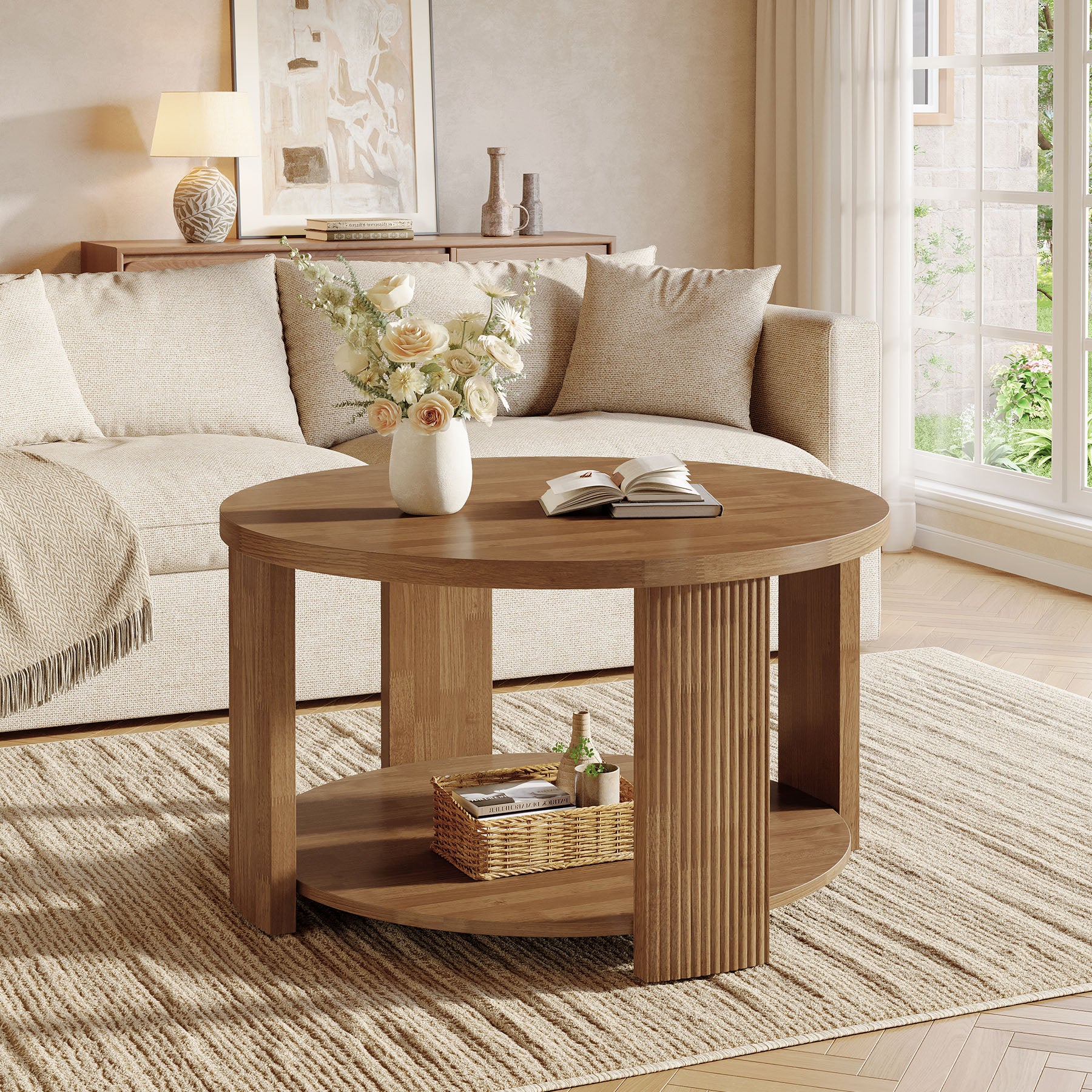 31.5 Inch Round Coffee Table with 2 Tier Storage, Mid Century Modern Farmhouse Accent Table