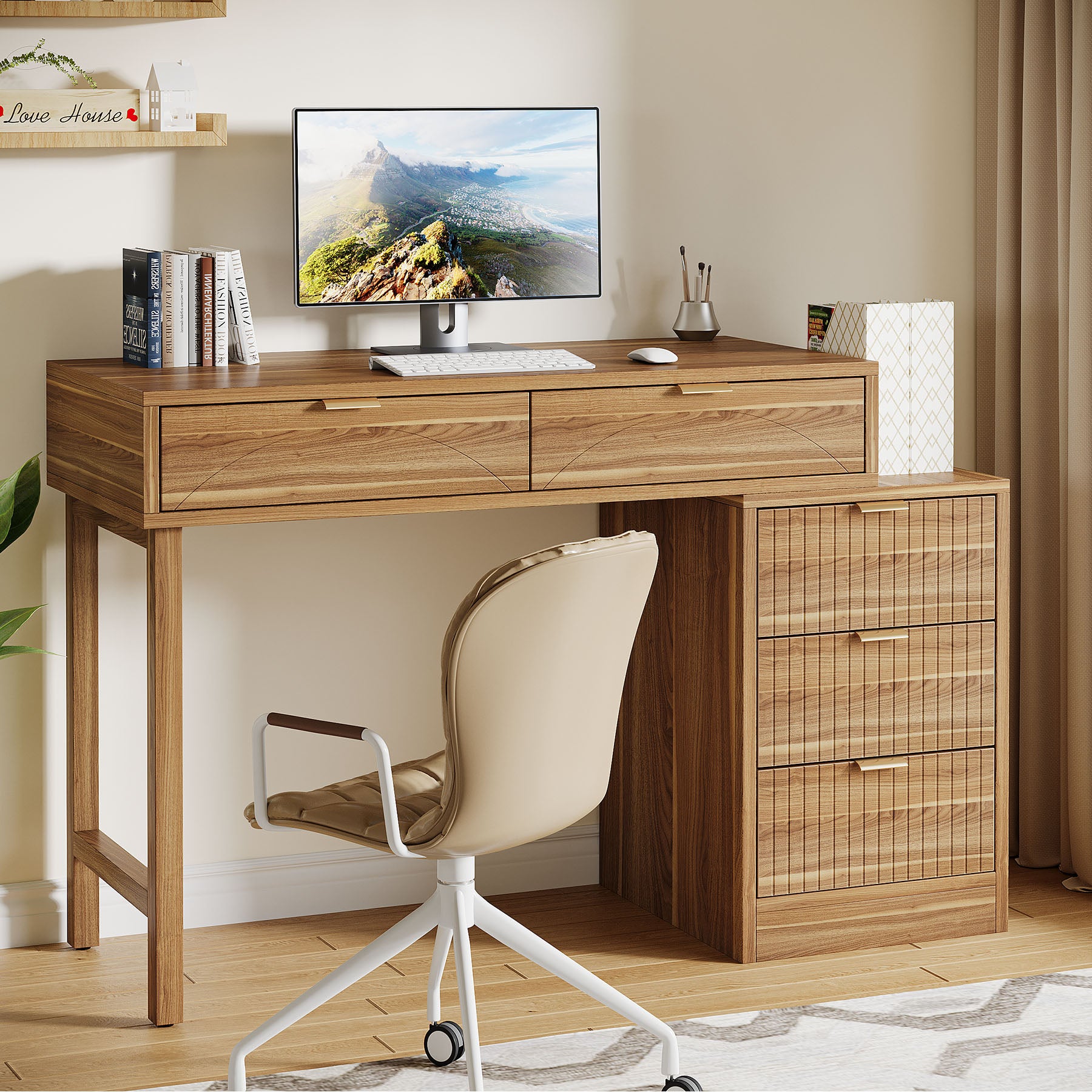 Reversible Computer Desk with 5 Drawers, Small Writing Desk for Home Office and Bedroom