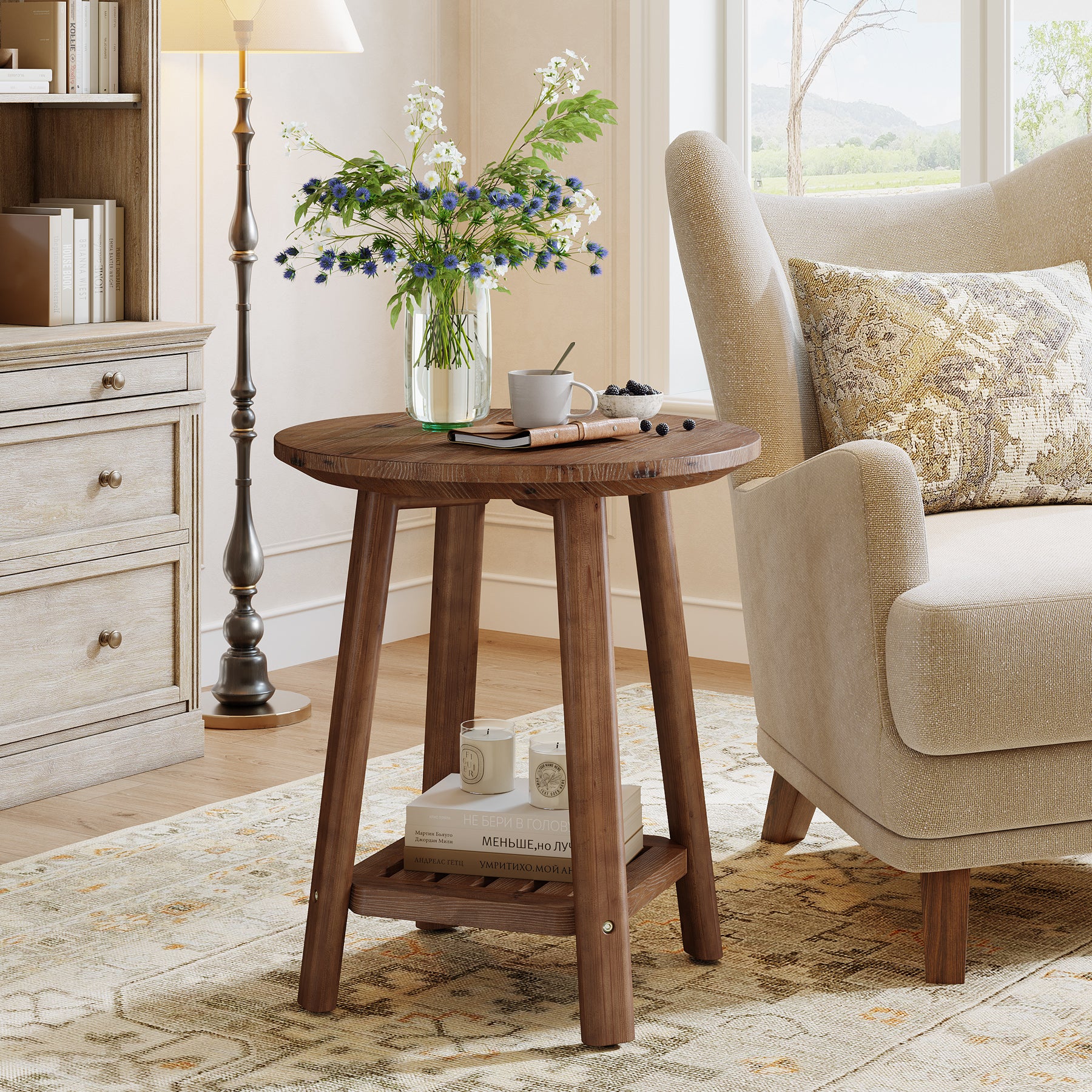 Tribesigns Round Side Table with 2-Tier Storage Shelf, Solid Wood End Table for Small Spaces
