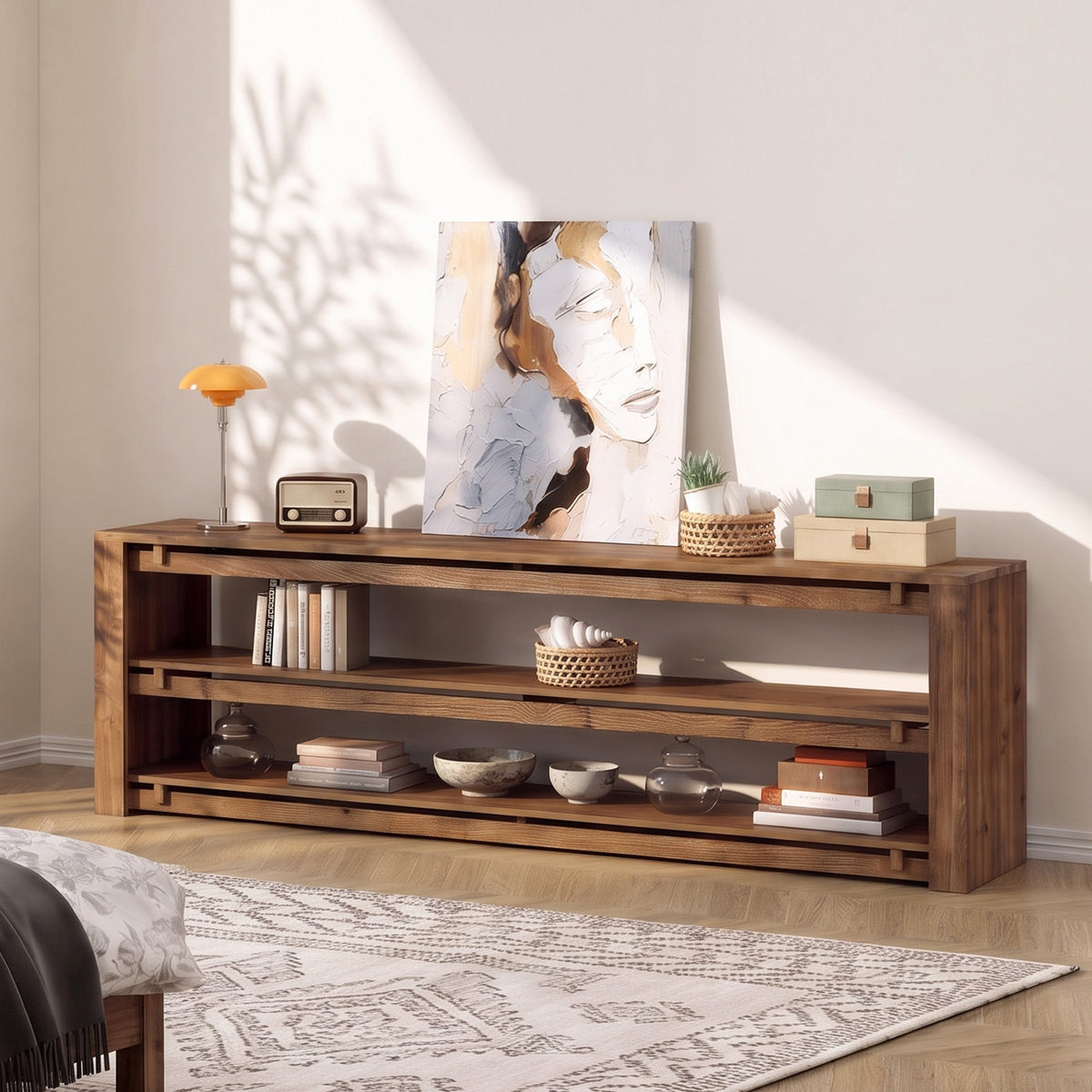 Tribesigns 63" Solid Wood TV Stand with 3-Tier Open Storage, Rustic Media Console for 75" TVs