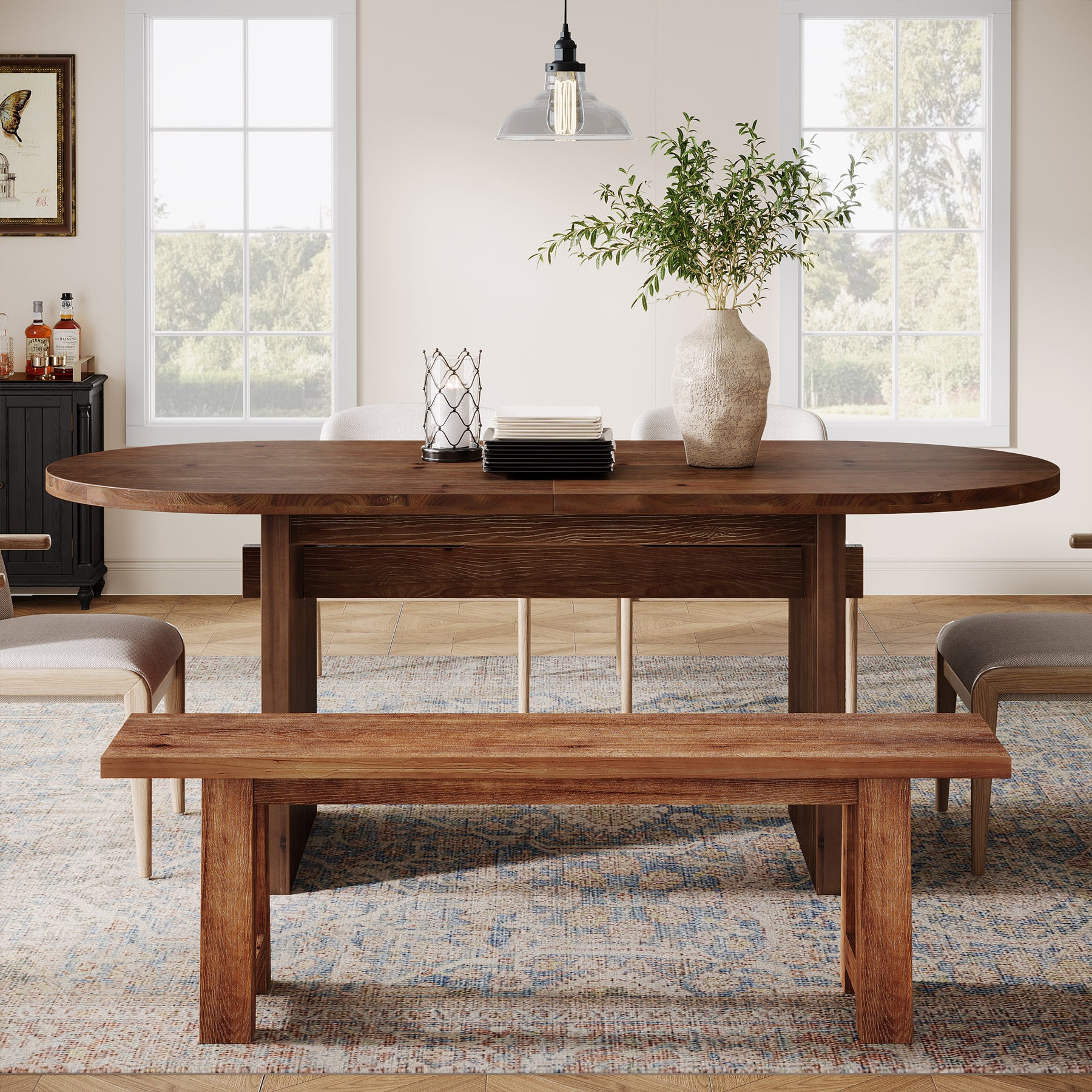 63-Inch Solid Wood Oval Dining Table for 4 to 6 People with Double Pedestal Base, Farmhouse Kitchen Table for Dining Room and Home Kitchen