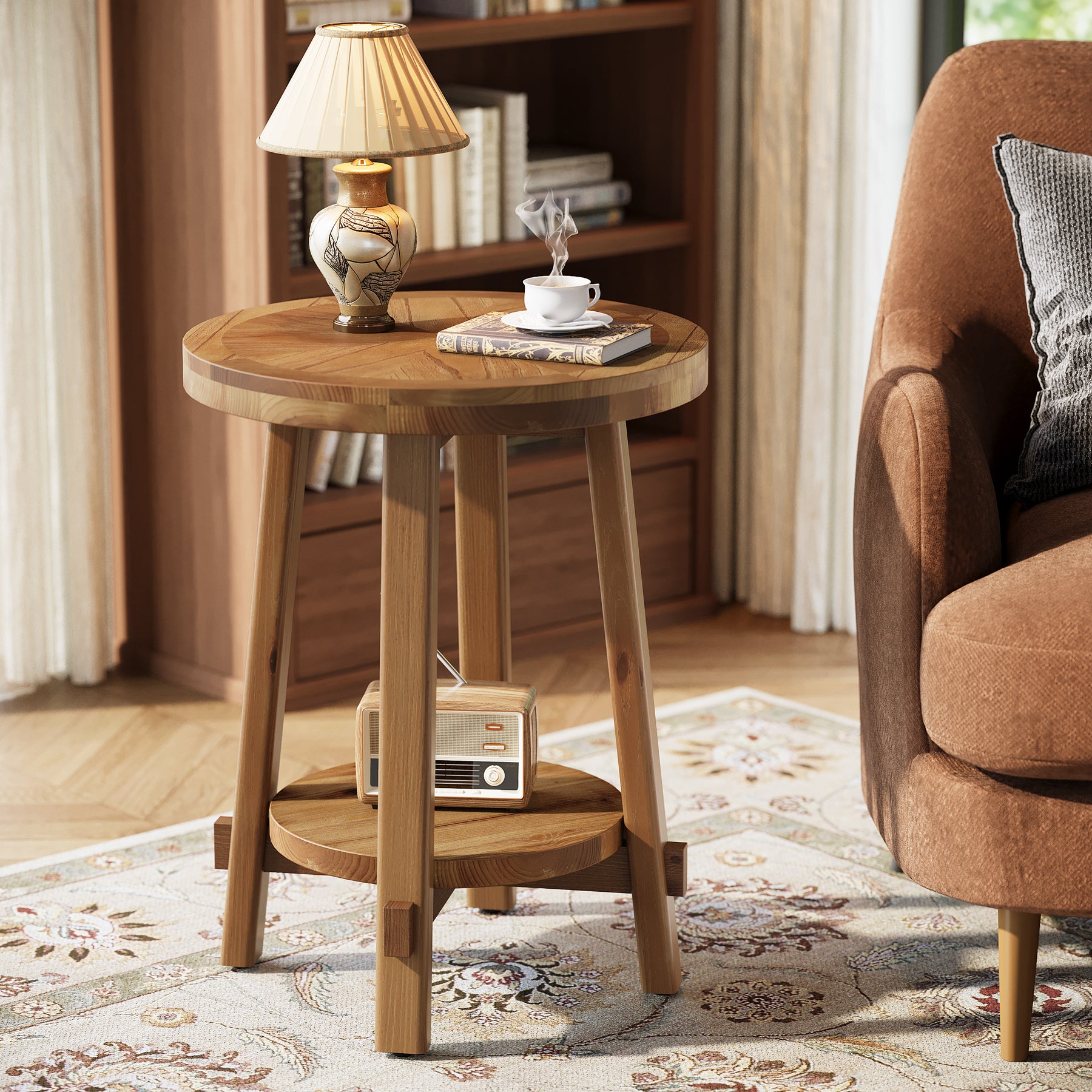Tribesigns 19.7-Inch Solid Wood Side Table with 2-Tier Shelf, Round Farmhouse Table for Living Room