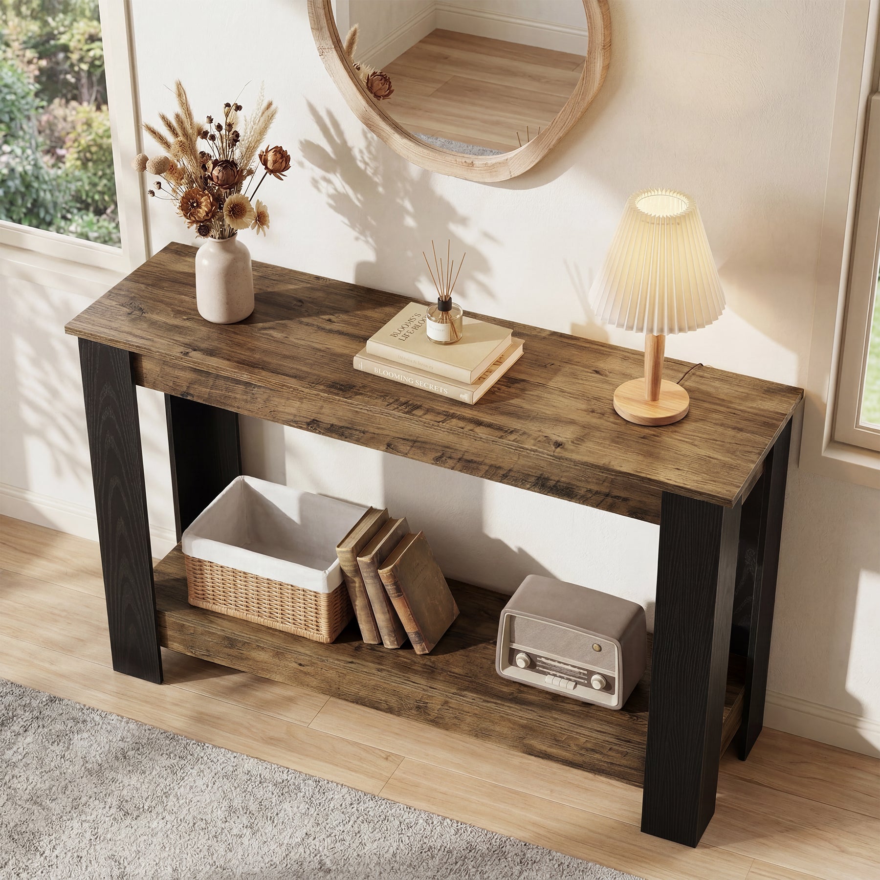 41-Inch Narrow Console Table with 2-Tier Open Storage, Modern Farmhouse Sofa Table for Entryway