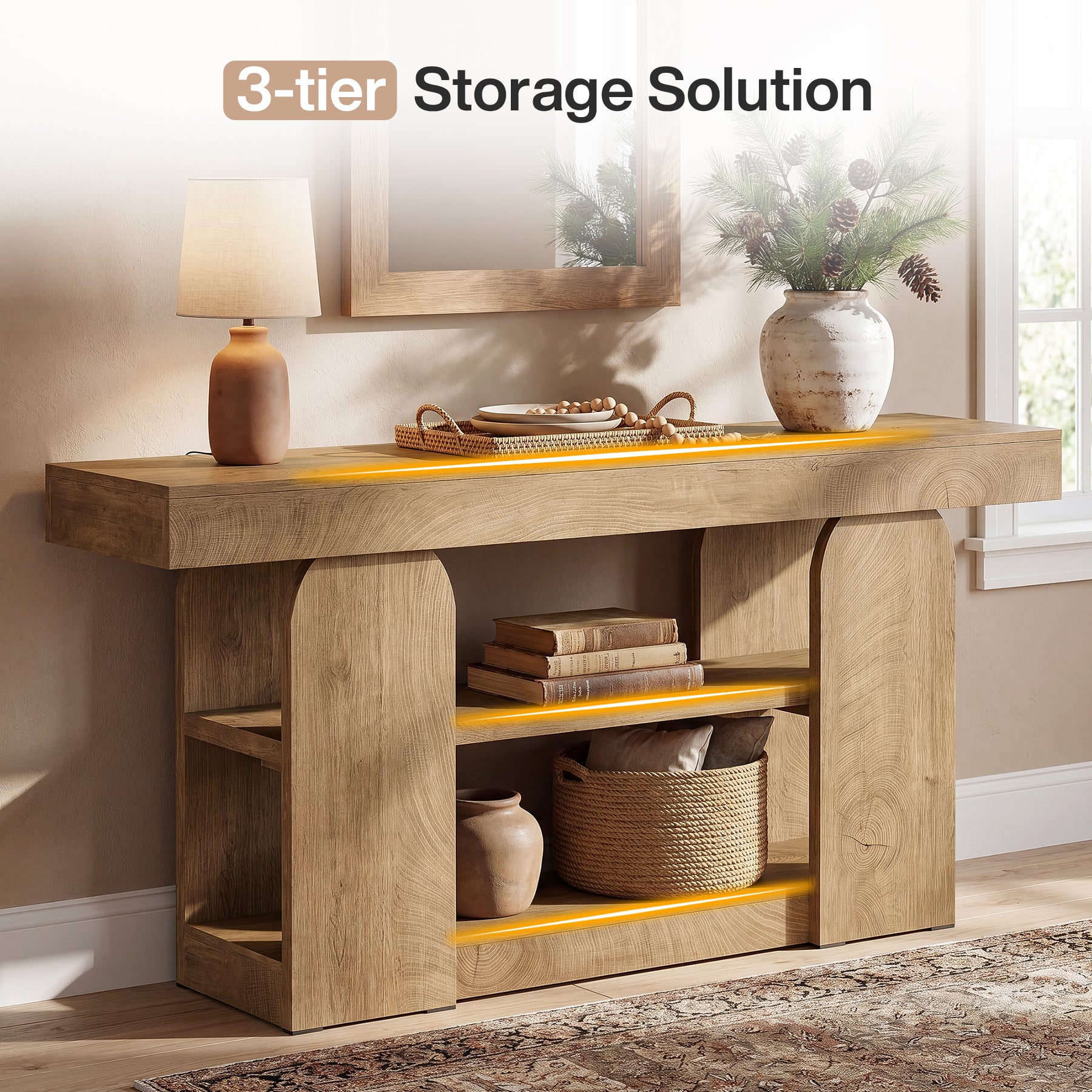 Tribesigns 63-Inch Farmhouse Console Table with 3-Tier Storage Shelves, Long Narrow Entryway Table for Living Room and Hallway