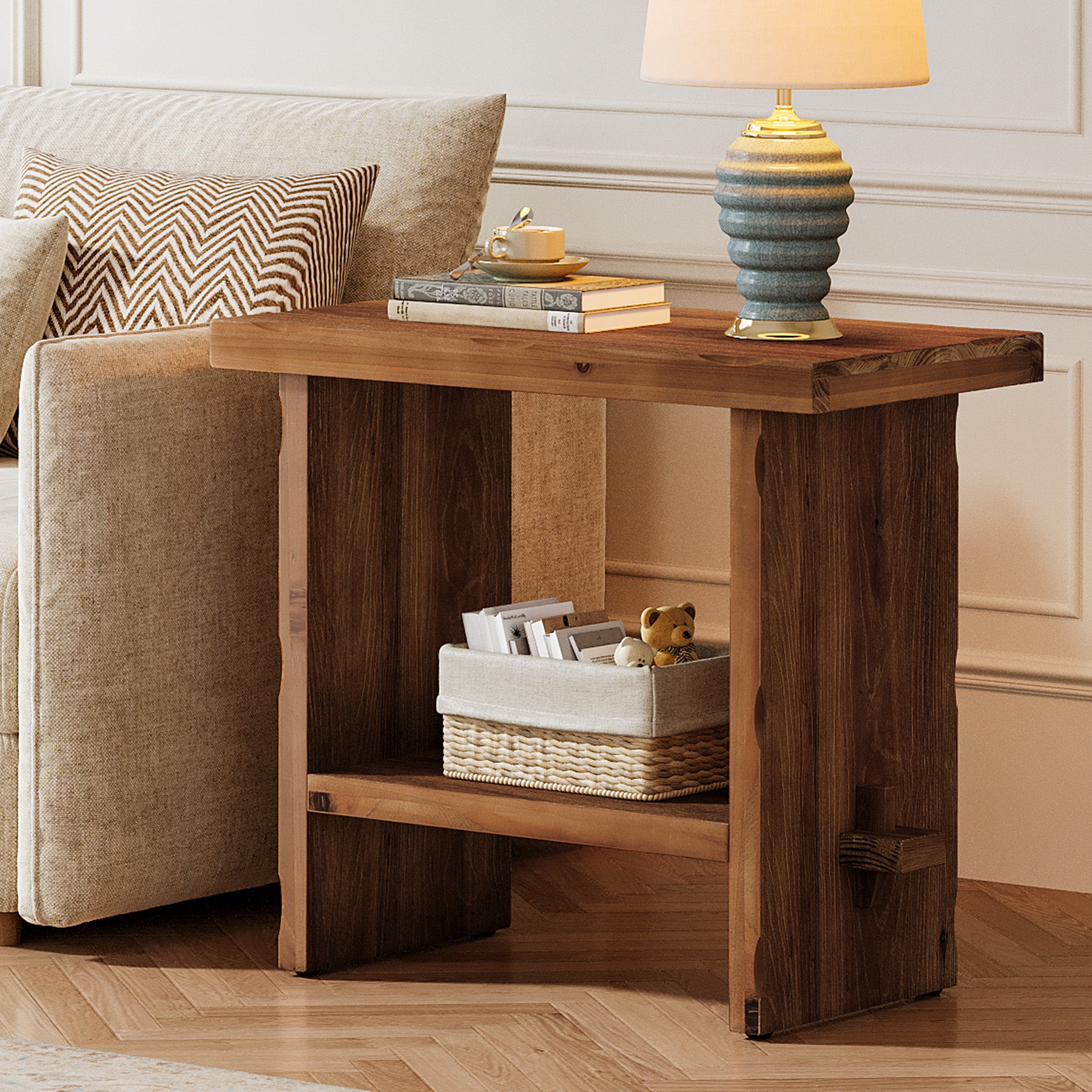 Tribesigns 23.62 Inch Solid Wood Side Table with 2-Tier Storage, Farmhouse End Table for Bedroom
