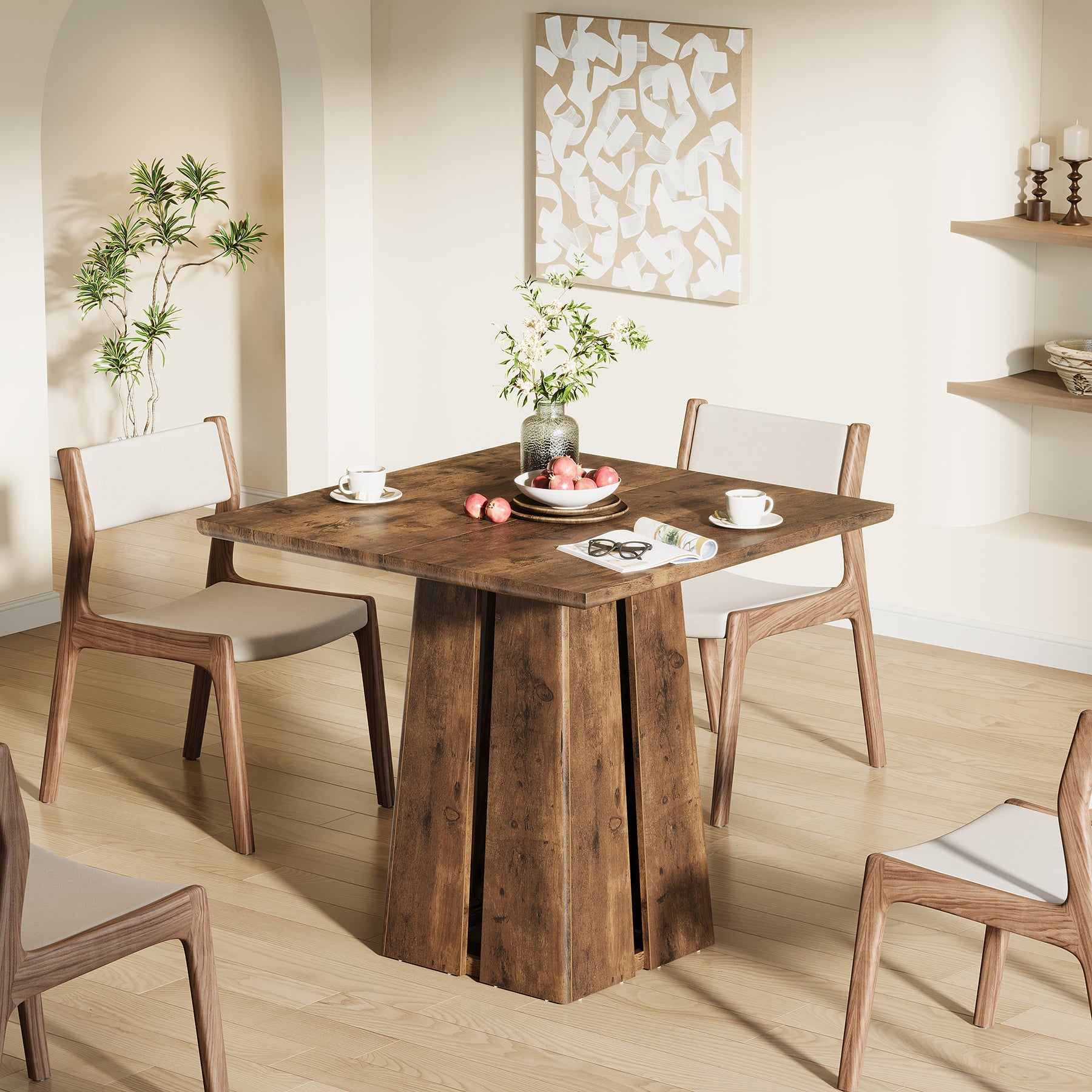 Rustic Square Dining Table, 31.5" Farmhouse Kitchen Table with Heavy-Duty Pedestal Base