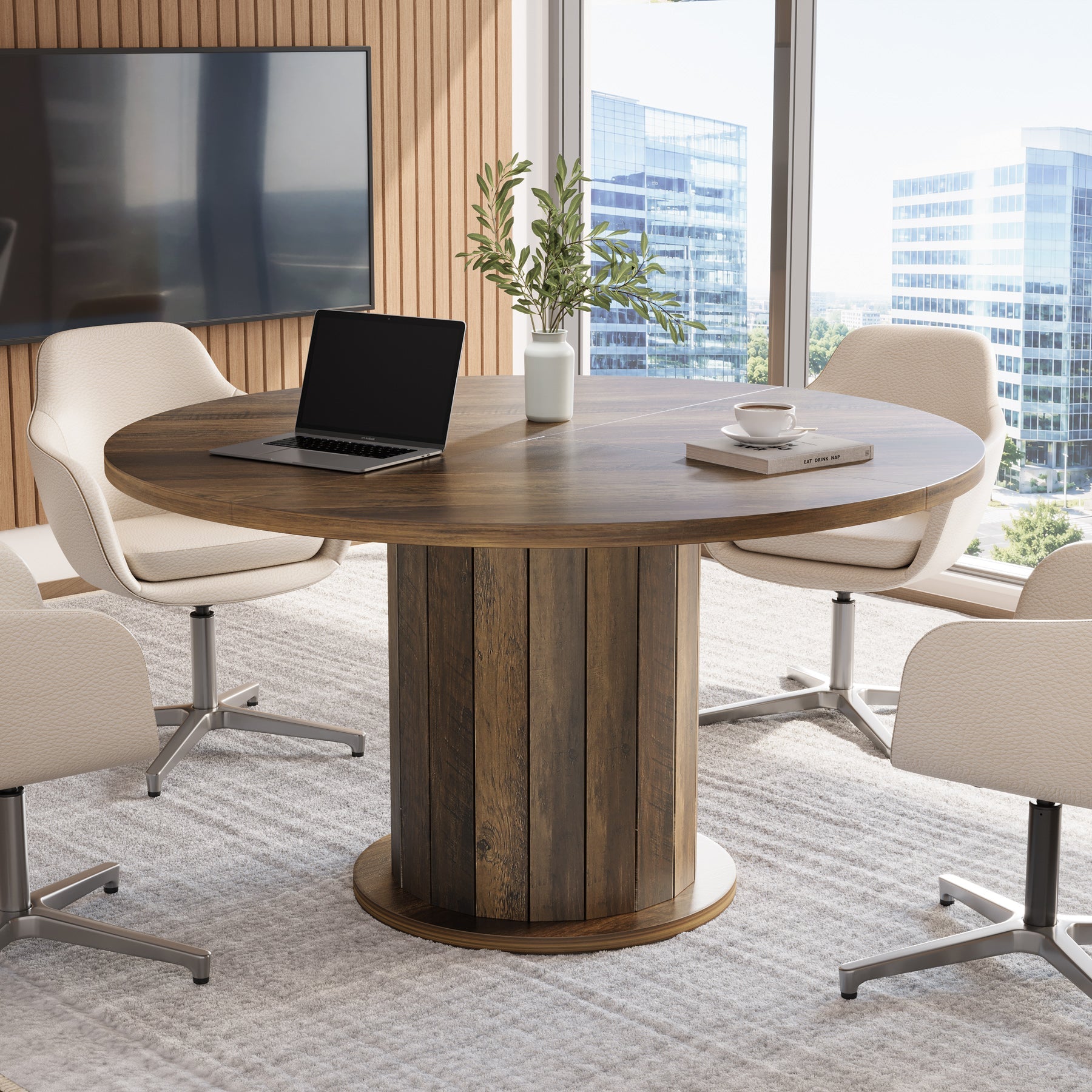 47.24-Inch Round Conference Table with Pedestal Base, Farmhouse Meeting Table for 4 to 6 People