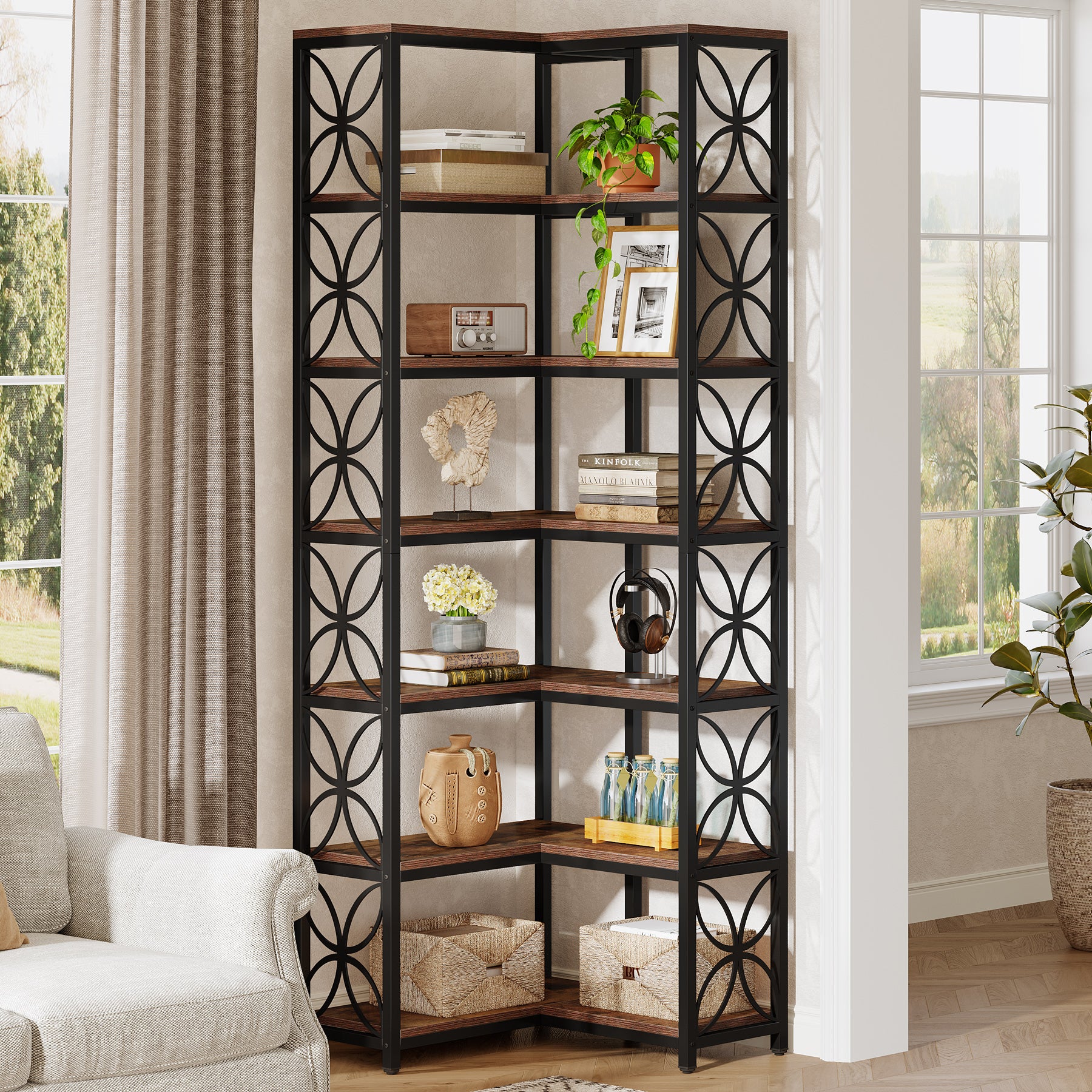 Tribesigns 79-Inch 7-Tier L-Shaped Corner Bookshelf, Tall Wood Bookcase with Metal Frame for Living Room or Office