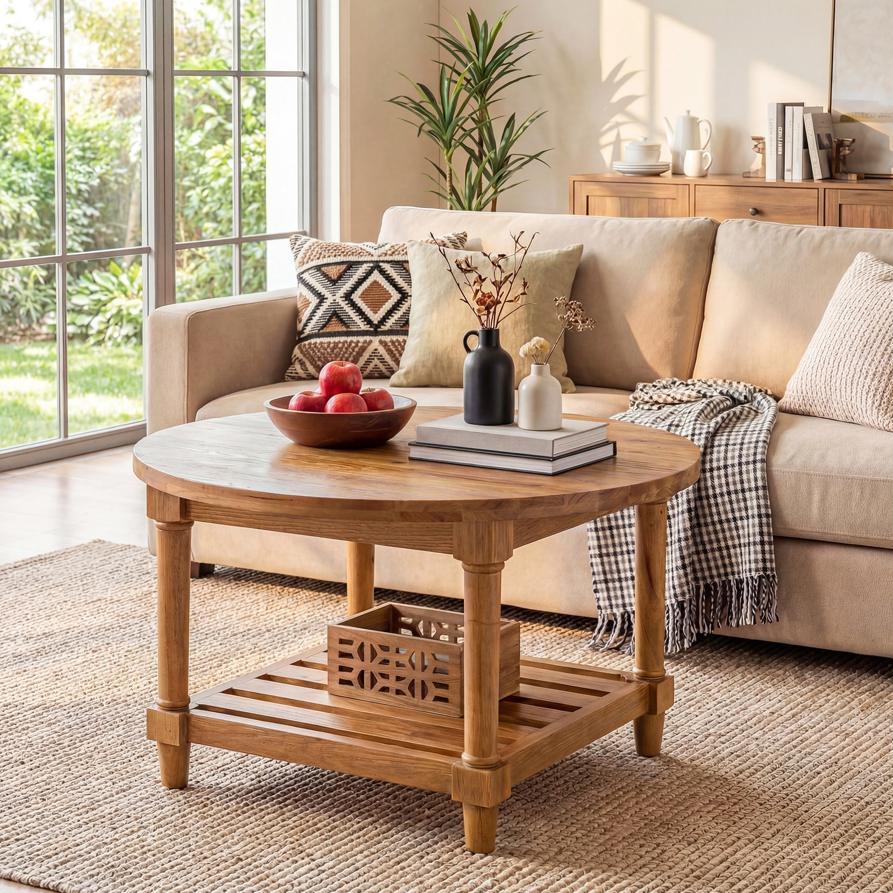 31.5" Round Solid Wood, 2-Tier Coffee Table with Storage